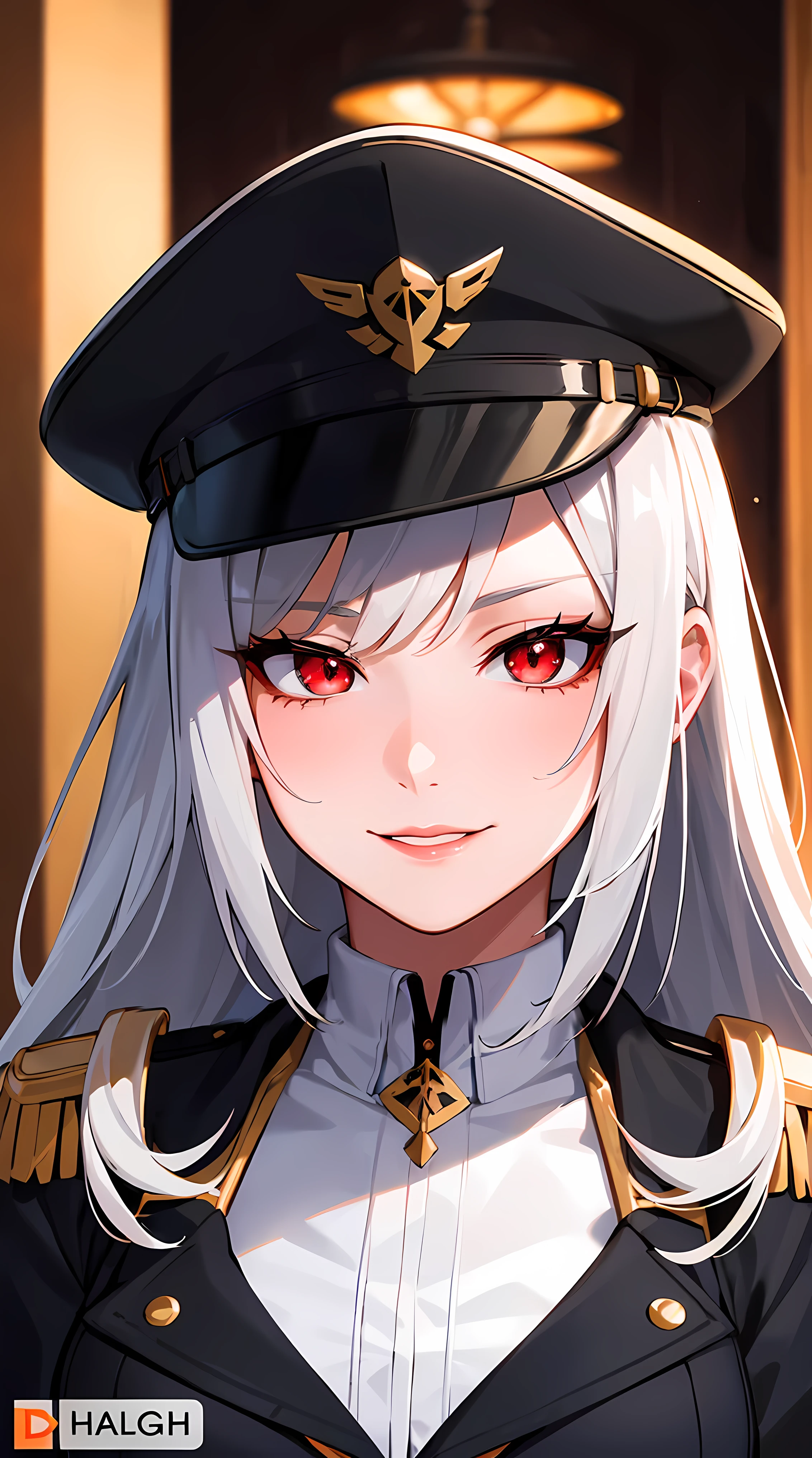 1girl, solo, mature lady, milf, beautiful character design, cg unreal engine, hd, 4k, full shading, perfect shading, professional art, extremely detail character design, a girl with long white hair wearing black theme military uniform, happy, smug, red eyes color, red lips, half body shot, looking at viewer, evil pupil eyes, cute evil horns