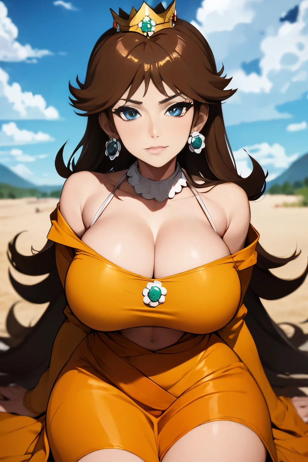 (masterpiece), best quality, expressive eyes, perfect face, highres, 1 girl, solo, daisy, brown hair, blue eyes, long hair, orange dress, crown, frilled dress, earrings, jewelry, princess, robe, bare shoulders, earrings, middle of the desert, scorching heat, good illumination, portrait, looking at the viewer, cleavage, orange heels