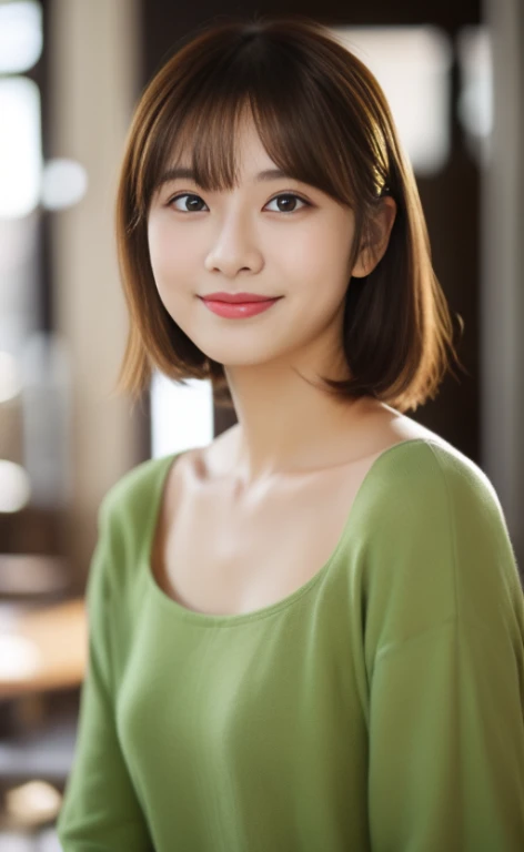 Portrait、8k、high quality、realistic photo images、24-years-old、japanese woman、neat wife、、housewife、Reproduces natural and realistic eyes、japanese stand、beautiful black hair、short hair、light makeup、octane rendering、beautiful lighting、composition of golden ratio、laughter、everyday wear、casual clothes、natural background、blurred background、High level image quality、Pure Japanese humanity、beautiful wife、Upper body、light makeup、No makeup、pure beauty、plain clothes、grey、beige、green、Plain color、casual clothes、slight smile、small black eyes、background bokeh