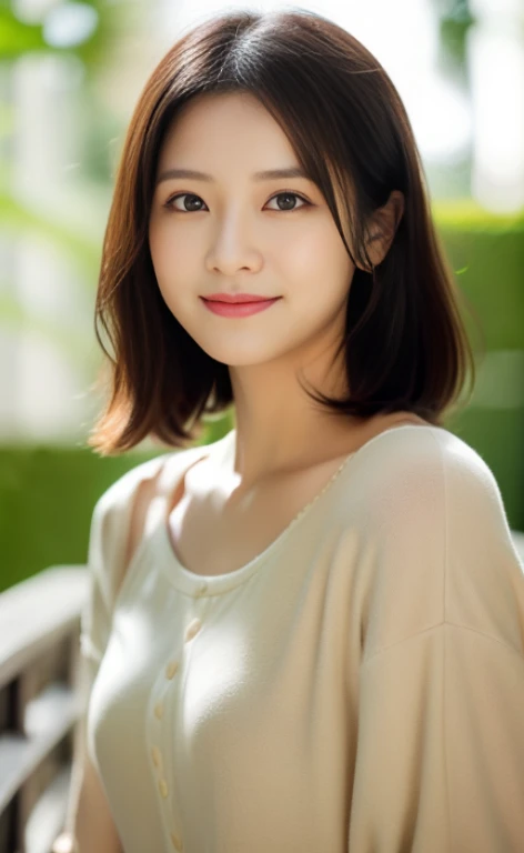 Portrait、8k、high quality、realistic photo images、24-years-old、japanese woman、neat wife、、housewife、Reproduces natural and realistic eyes、japanese stand、beautiful black hair、short hair、light makeup、octane rendering、beautiful lighting、composition of golden ratio、laughter、everyday wear、casual clothes、natural background、blurred background、High level image quality、Pure Japanese humanity、beautiful wife、Upper body、light makeup、No makeup、pure beauty、plain clothes、grey、beige、green、Plain color、casual clothes、slight smile、small black eyes、background bokeh