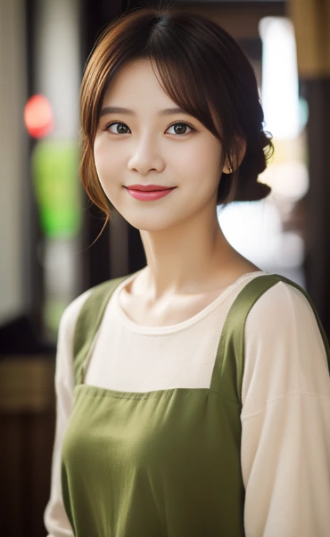 Portrait、8k、high quality、realistic photo images、24-years-old、japanese woman、neat wife、、housewife、Reproduces natural and realistic eyes、japanese stand、beautiful black hair、short hair、light makeup、octane rendering、beautiful lighting、composition of golden ratio、laughter、everyday wear、casual clothes、natural background、blurred background、High level image quality、Pure Japanese humanity、beautiful wife、Upper body、light makeup、No makeup、pure beauty、plain clothes、grey、beige、green、Plain color、casual clothes、slight smile、small black eyes、background bokeh