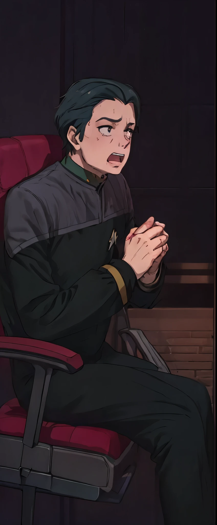 best quality, masterpiece:1.2), anime fullbody fullframe solo 1 young male tall robust  recline sitting ds9st red and black uniform ds9st teal and black uniform ds9st yellow and black uniform ds9st command ds9st operations ds9st science scared expression
open mouth
clenched teeth 