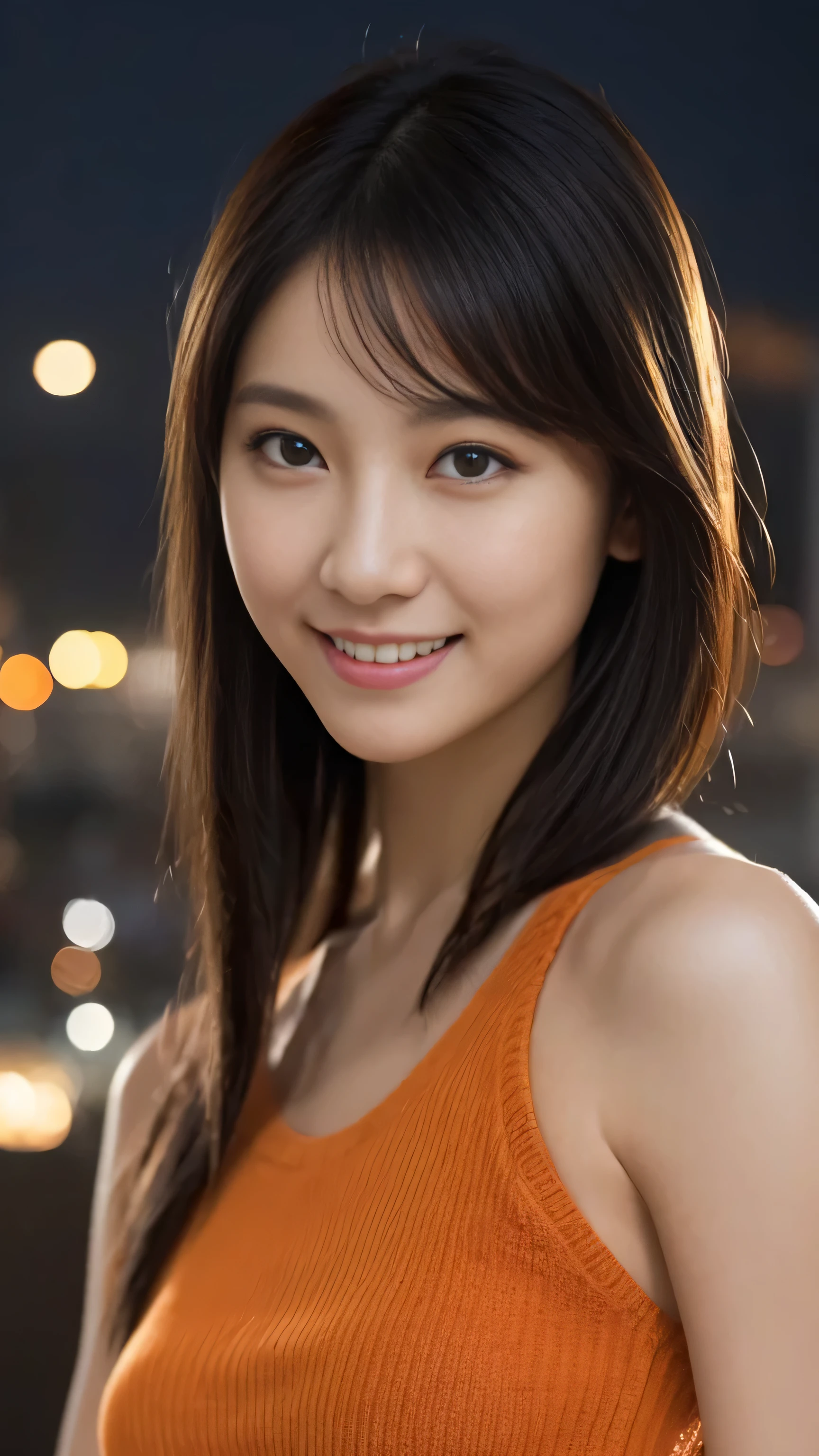 1 girl, (wearing an orange knit dress:1.2), (RAW photo, highest quality), (realistic, Photoreal:1.4), table top, very delicate and beautiful, very detailed, 2k wallpaper, wonderful, finely, very detailed CG Unity 8K 壁紙, Super detailed, High resolution, soft light, beautiful detailed girl, very detailed目と顔, beautifully detailed nose, beautiful and detailed eyes, cinematic lighting, night city lights, perfect anatomy, slender body, smile, Camera-wide perspective, I'looking forward to it
