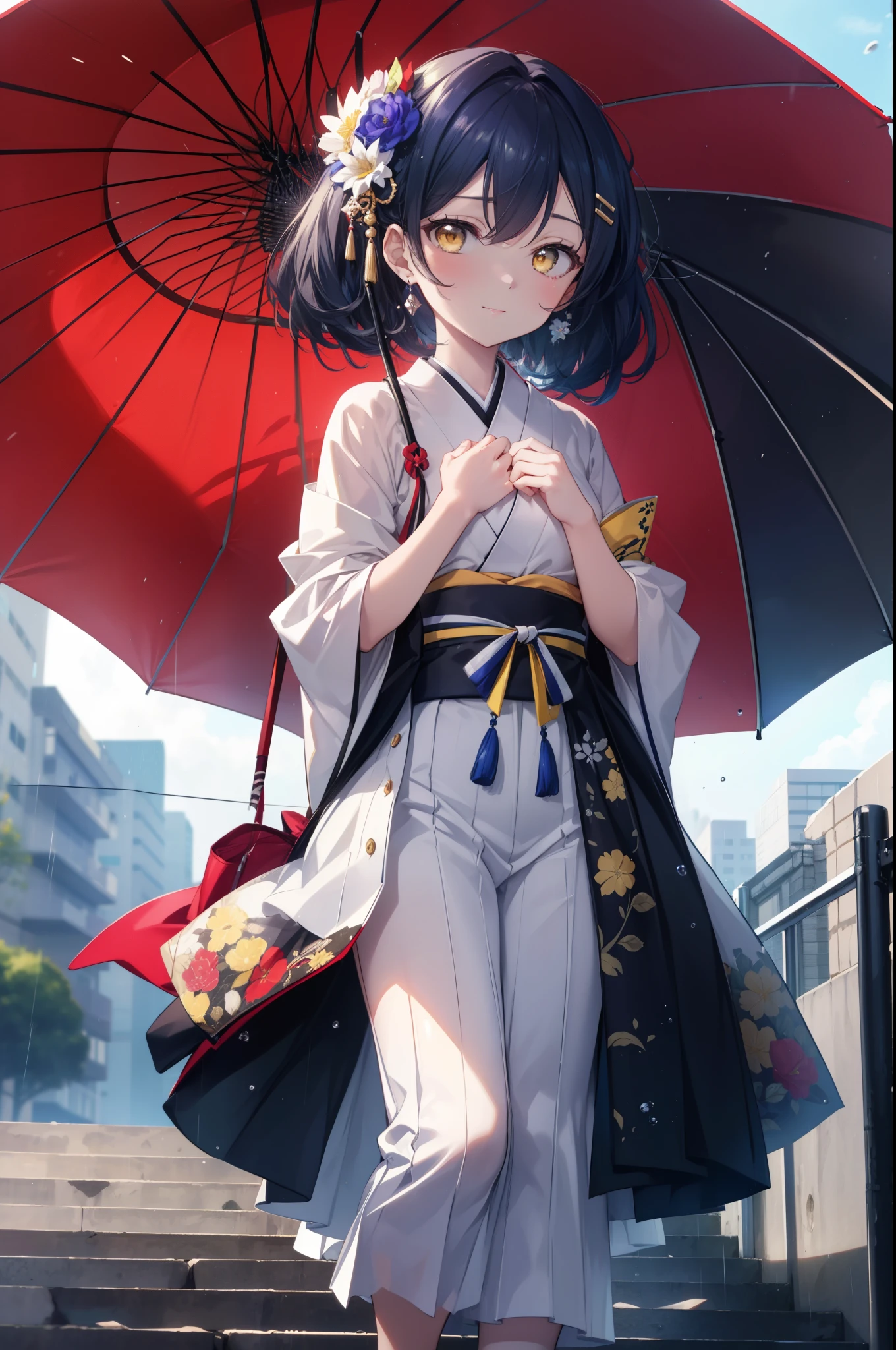 Kamisonoda, Umi Sonoda, long hair, blue hair, (yellow eyes:1.5) (flat chest:1.2),smile,flower hair ornament,Blue floral pattern gorgeous Japanese clothes,long skirt,white foot bag,Zori sandals,tying hair,He is holding a Japanese-style umbrella with both hands and resting it on his shoulder.,rain,cloudy sky,walking,
break looking at viewer,
break outdoors, In town,building street,
break (masterpiece:1.2), highest quality, High resolution, unity 8k wallpaper, (figure:0.8), (detailed and beautiful eyes:1.6), highly detailed face, perfect lighting, Very detailed CG, (perfect hands, perfect anatomy),