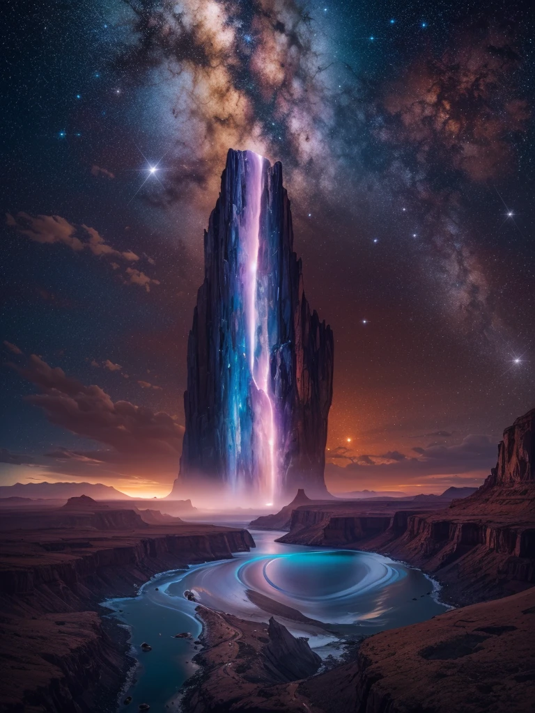 ((Aerial View)),A supremely beautiful Creation Pillar topped with the Milky Way pouring down like a waterfall, set in a cosmic landscape. This magnificent scene combines elements of fantasy and space, showing the pillar standing tall against a backdrop of stars, nebulae, and celestial bodies. The Milky Way's cascading flow is illuminated with vibrant colors, creating a stunning visual effect that resembles a cosmic waterfall. The scene is ethereal and awe-inspiring, highlighting the beauty and majesty of the universe.