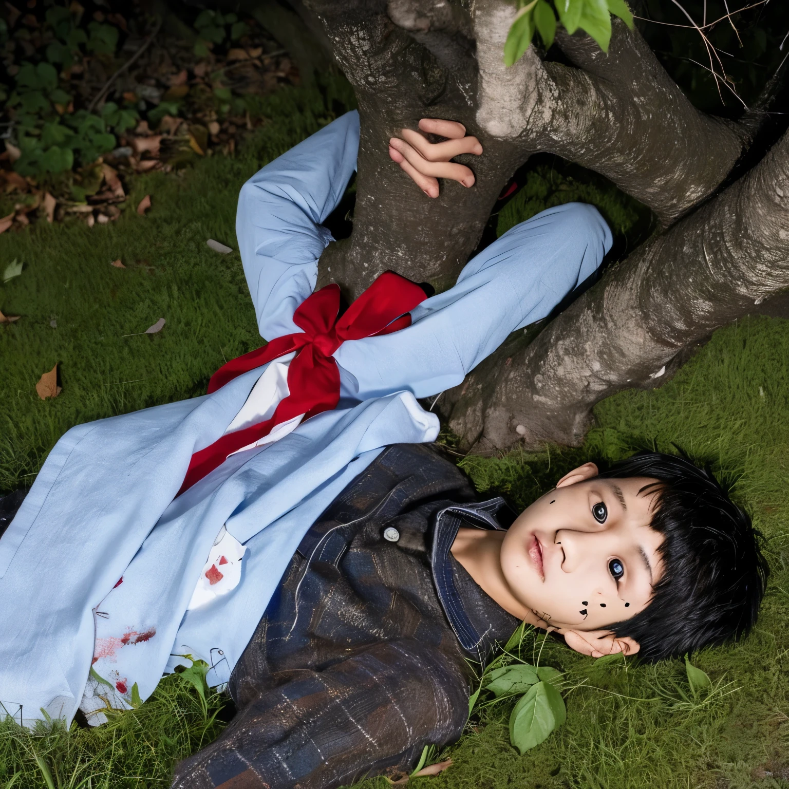Image of a 10 year old Japanese boy's dead body lying next to a tree and has cuts and wounds on his face. Time is night time