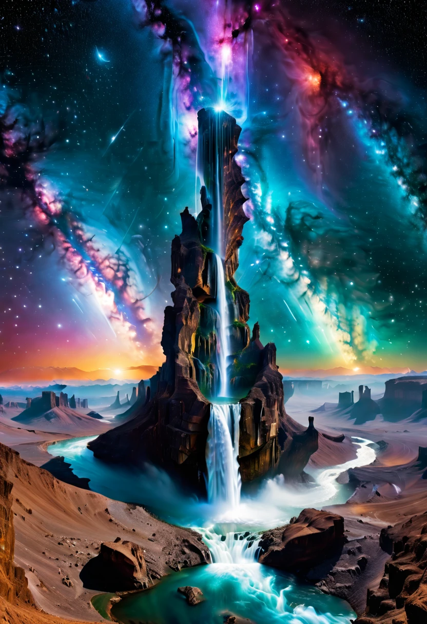((Aerial View))，A supremely beautiful Creation Pillar topped with the Milky Way pouring down like a waterfall, set in a cosmic landscape. This magnificent scene combines elements of fantasy and space, showing the pillar standing tall against a backdrop of stars, nebulae, and celestial bodies. The Milky Way's cascading flow is illuminated with vibrant colors, creating a stunning visual effect that resembles a cosmic waterfall. The scene is ethereal and awe-inspiring, highlighting the beauty and majesty of the universe.