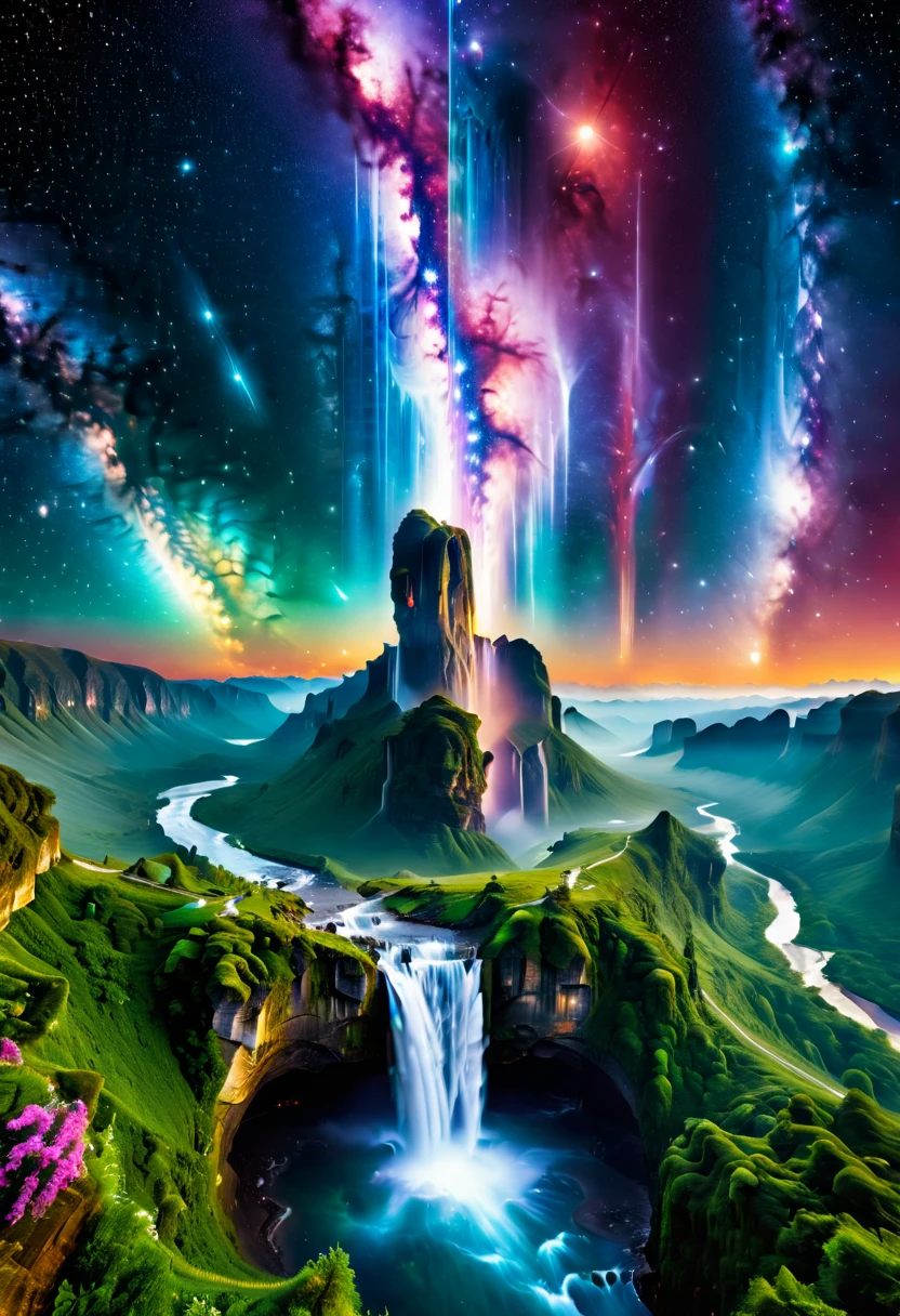 ((Aerial View))，A supremely beautiful Creation Pillar topped with the Milky Way pouring down like a waterfall, set in a cosmic landscape. This magnificent scene combines elements of fantasy and space, showing the pillar standing tall against a backdrop of stars, nebulae, and celestial bodies. The Milky Way's cascading flow is illuminated with vibrant colors, creating a stunning visual effect that resembles a cosmic waterfall. The scene is ethereal and awe-inspiring, highlighting the beauty and majesty of the universe.