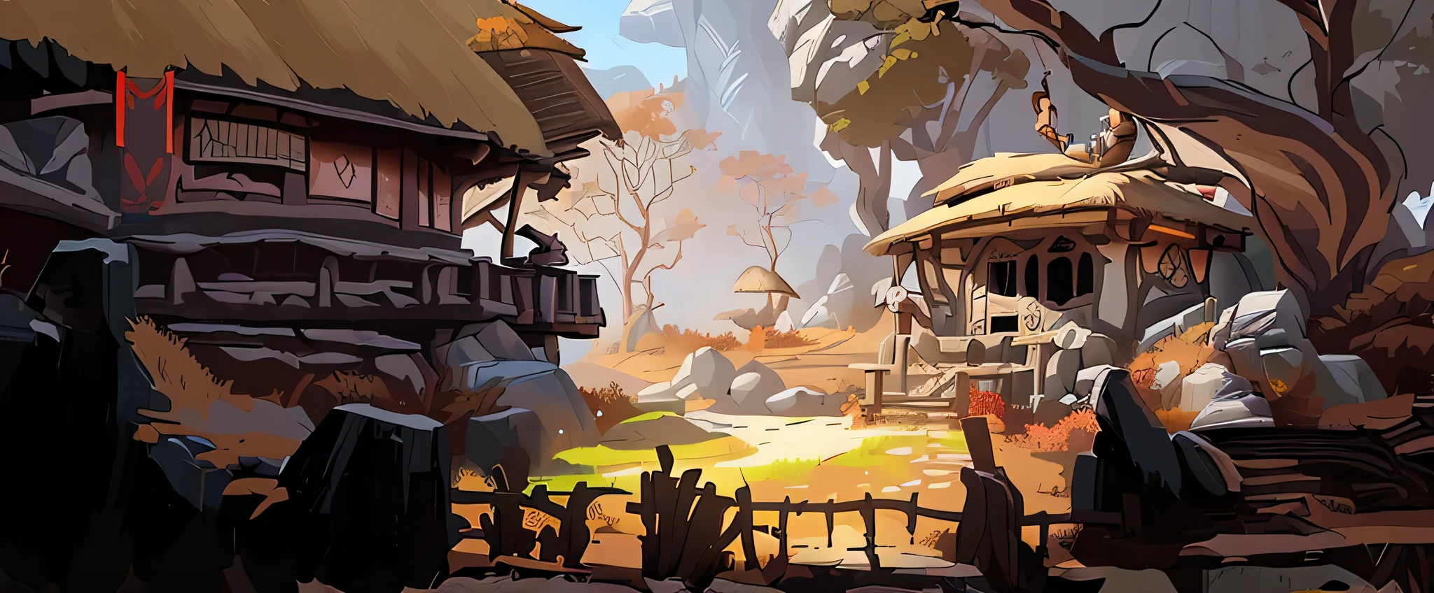 tribe，rural civilization，tribe建筑，hut，tree structure house，There is human civilization，colorful，game concept art，scene concept art，game scene，virtual engine rendering，ambient light，depth of field，warm color，official art