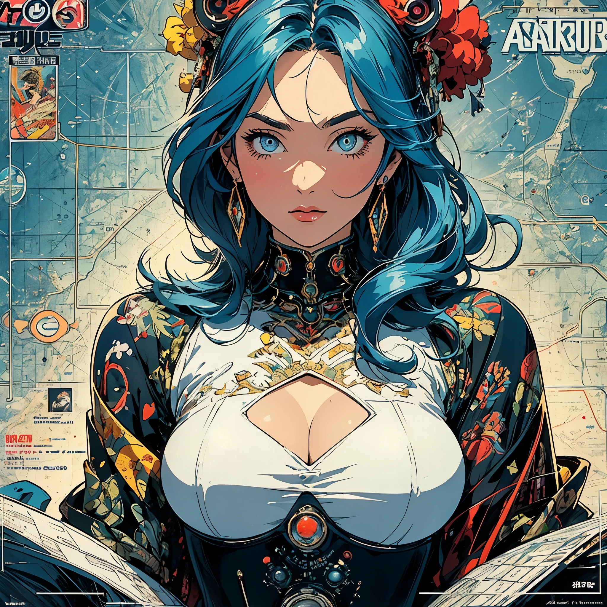 (((highest quality))),masterpiece,1 woman,((the perfect person)),((Super beautiful woman)),detailed perfect face,retro,vintage,classic,60's,70's,80's,old movie posters,abstract,((スペーススリラーmovie poster)),(Futuristic),Geometric pattern,very delicate,movie poster_white frame,universe,Milky Way,planet,,propaganda,universe飛行士,breast enhancement,simple,(big breasts),(cleavage),