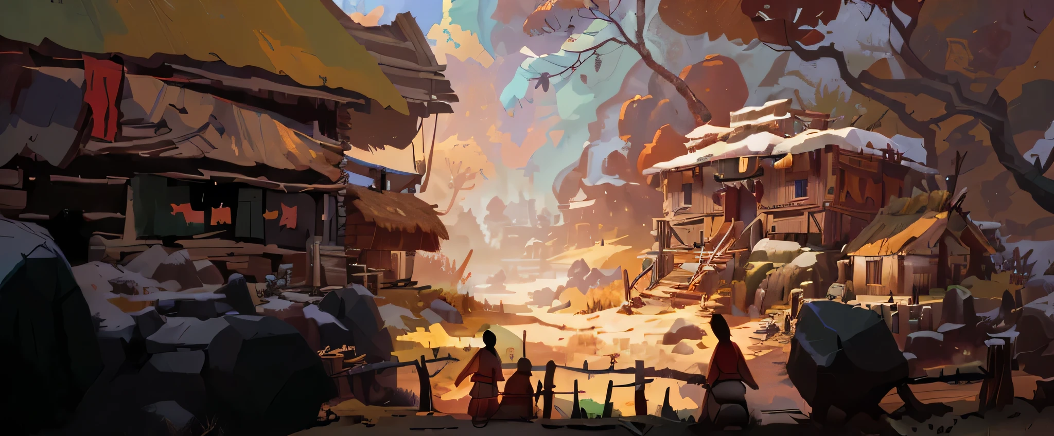 tribe，rural civilization，tribe建筑，hut，tree structure house，There is human civilization，colorful，game concept art，scene concept art，game scene，virtual engine rendering，ambient light，depth of field，warm color，official art