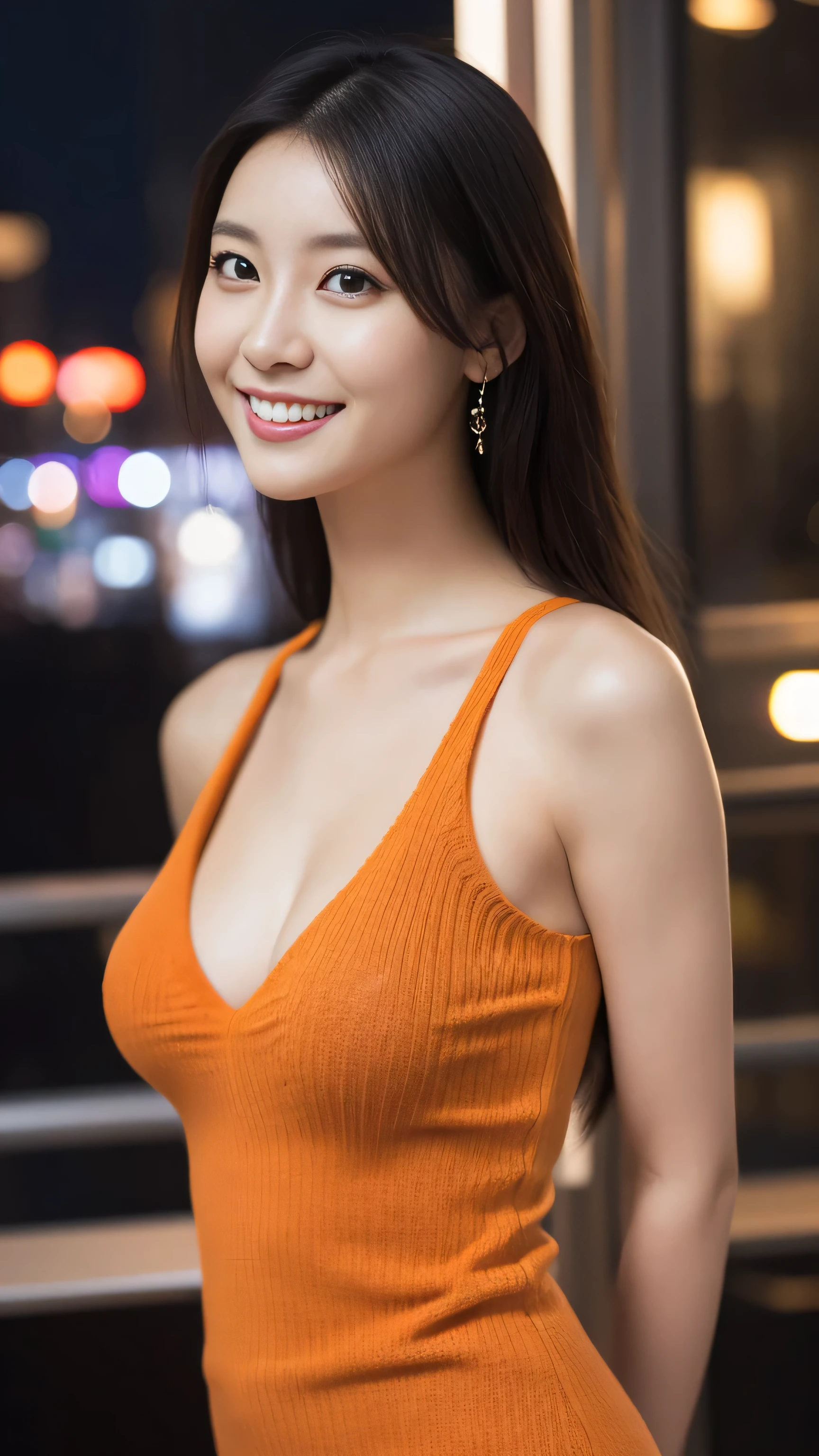 1 girl, (wearing an orange knit dress:1.2), (RAW photo, highest quality), (realistic, Photoreal:1.4), table top, very delicate and beautiful, very detailed, 2k wallpaper, wonderful, finely, very detailed CG Unity 8K 壁紙, Super detailed, High resolution, soft light, beautiful detailed girl, very detailed目と顔, beautifully detailed nose, beautiful and detailed eyes, cinematic lighting, night city lights, perfect anatomy, slender body, smile, Camera-wide perspective, I&#39;looking forward to it