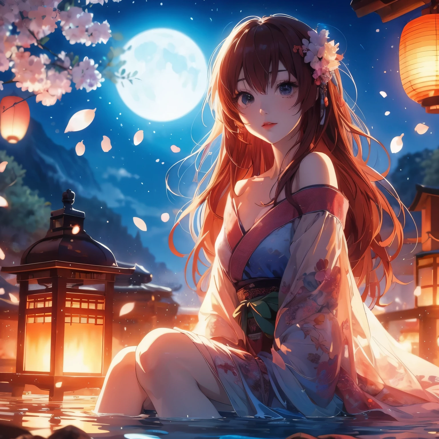 Anime girl sitting in the water，Lanterns and lanterns in the background, anime style 4k, Anime Art Wallpaper 4k, anime art wallpaper 4k, anime wallpaper 4k, anime wallpaper 4k, anime art wallpaper 8k, 4k anime wallpaper, night nucleus, Beautiful anime girl, Beautiful anime, anime girl desktop background, anime background, HD anime wallpaper, anime pictures