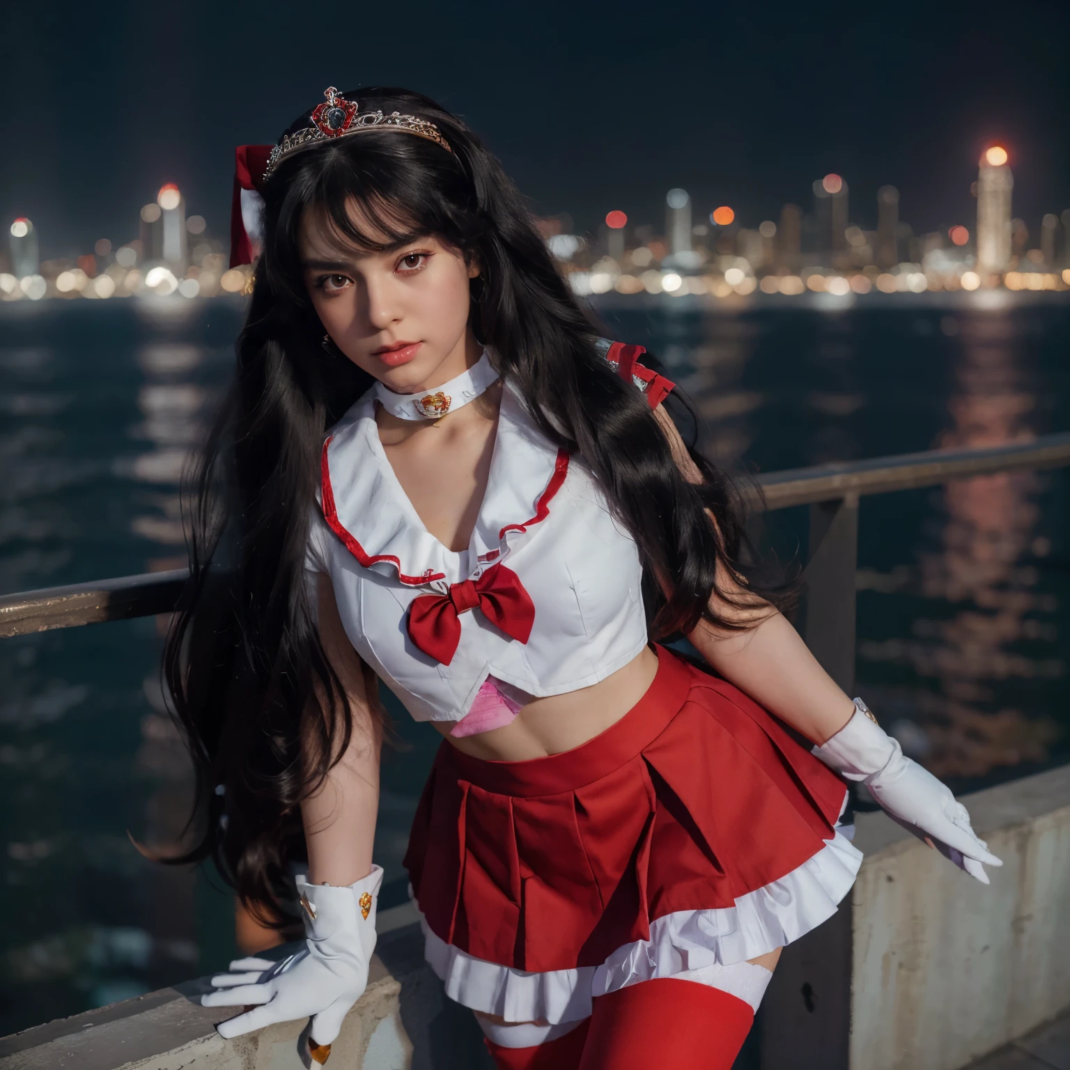 1girl,long hair, (high quality,8k,black hair, realistic, best quality,masterpiece,ultra detailed, absurdres)1.5,((sama1, tiara, sailor senshi uniform, white gloves, red sailor collar, red skirt)),night city,white gloves,Purple Bow,Purple eye, (magic world,fire),high high heels,