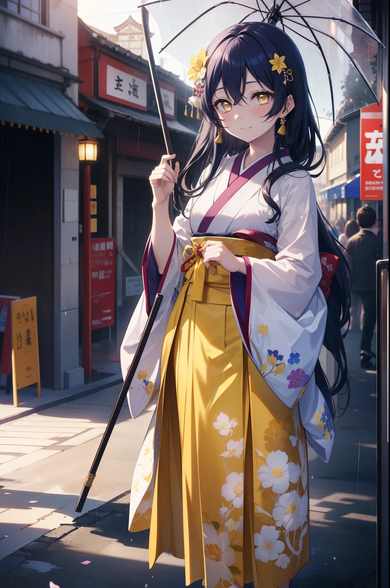 Kamisonoda, Umi Sonoda, long hair, blue hair, (yellow eyes:1.5) (flat chest:1.2),smile,flower hair ornament,Blue floral pattern gorgeous Japanese clothes,long skirt,white foot bag,Zori sandals,tying hair,He is holding a Japanese-style umbrella with both hands and resting it on his shoulder.,rain,cloudy sky,walking,
break looking at viewer,
break outdoors, In town,building street,
break (masterpiece:1.2), highest quality, High resolution, unity 8k wallpaper, (figure:0.8), (detailed and beautiful eyes:1.6), highly detailed face, perfect lighting, Very detailed CG, (perfect hands, perfect anatomy),