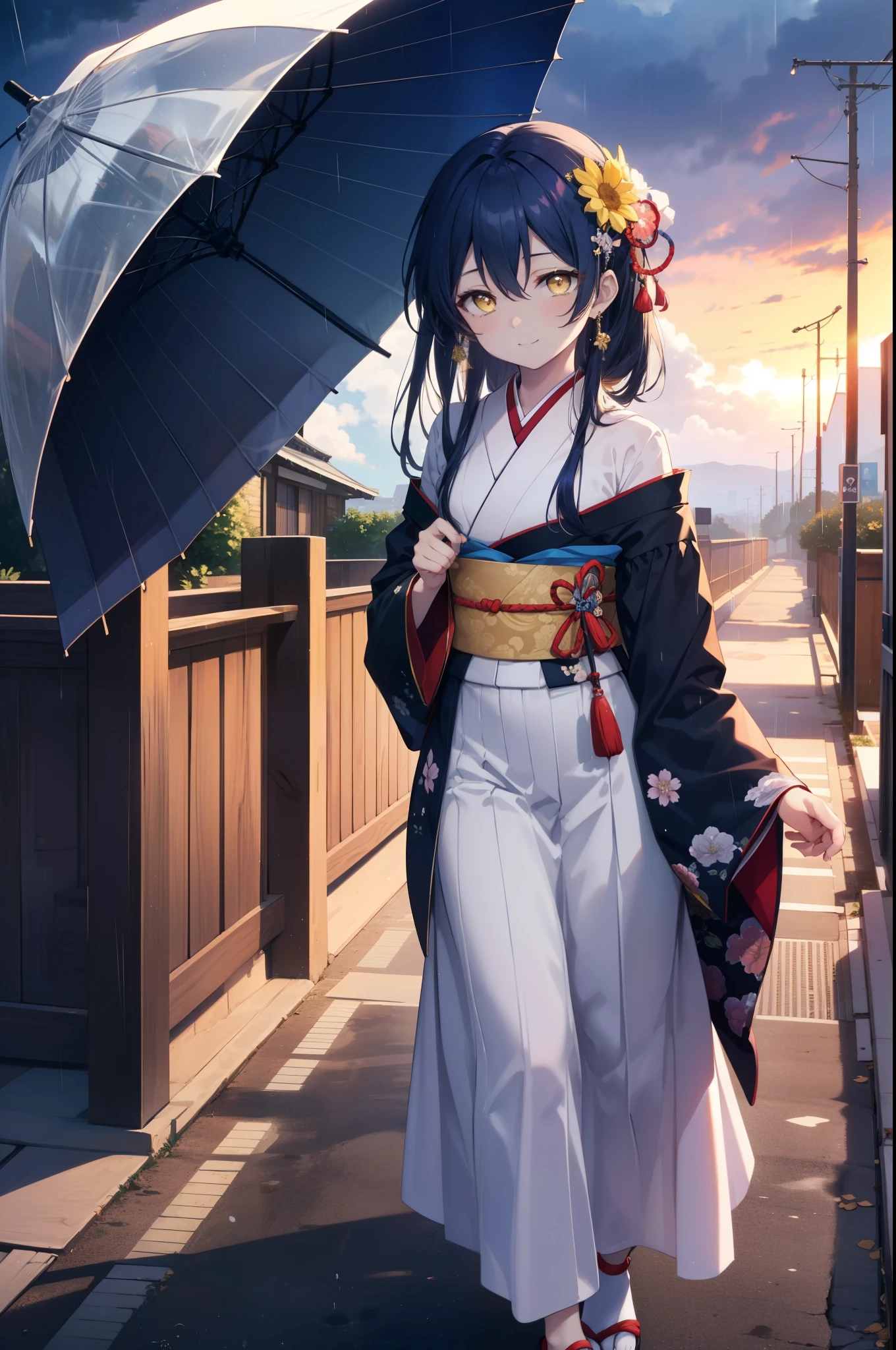 Kamisonoda, Umi Sonoda, long hair, blue hair, (yellow eyes:1.5) (flat chest:1.2),smile,flower hair ornament,Blue floral pattern gorgeous Japanese clothes,long skirt,white foot bag,Zori sandals,tying hair,He is holding a Japanese-style umbrella with both hands and resting it on his shoulder.,rain,cloudy sky,walking,
break looking at viewer,
break outdoors, In town,building street,
break (masterpiece:1.2), highest quality, High resolution, unity 8k wallpaper, (figure:0.8), (detailed and beautiful eyes:1.6), highly detailed face, perfect lighting, Very detailed CG, (perfect hands, perfect anatomy),