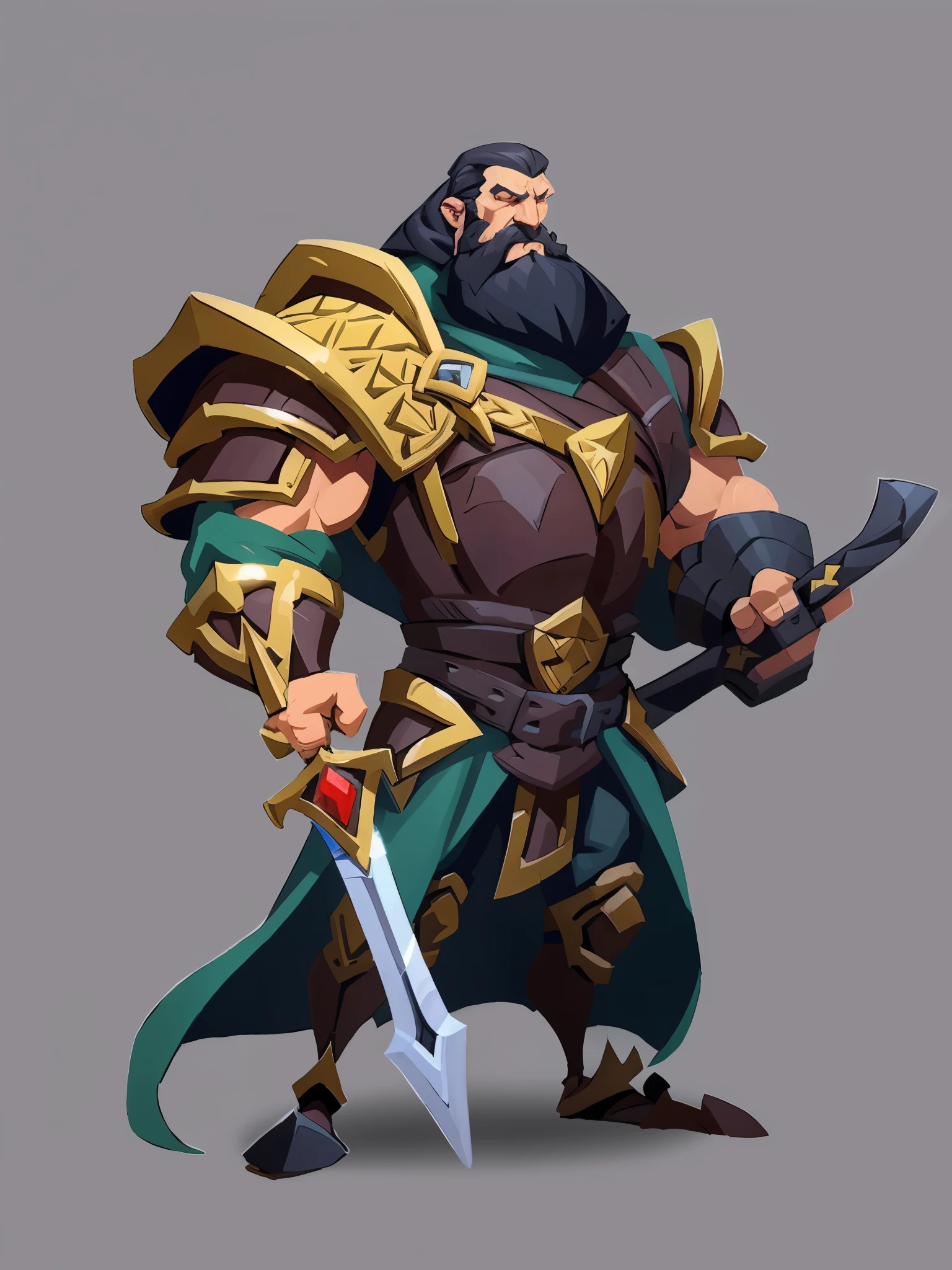 concept art, european cartoon, game character design, ((full body)), 1 man, solo, black beard, detail, eyes, eyes, mature male, male focus, beard, armor, muscular man, full body, black hair, short hair , muscular, old, middle-aged man, strong, red cloak, shoulder armor, breastplate, armor, standing, big nose, dark hair, carrying a big sword, huge sword,