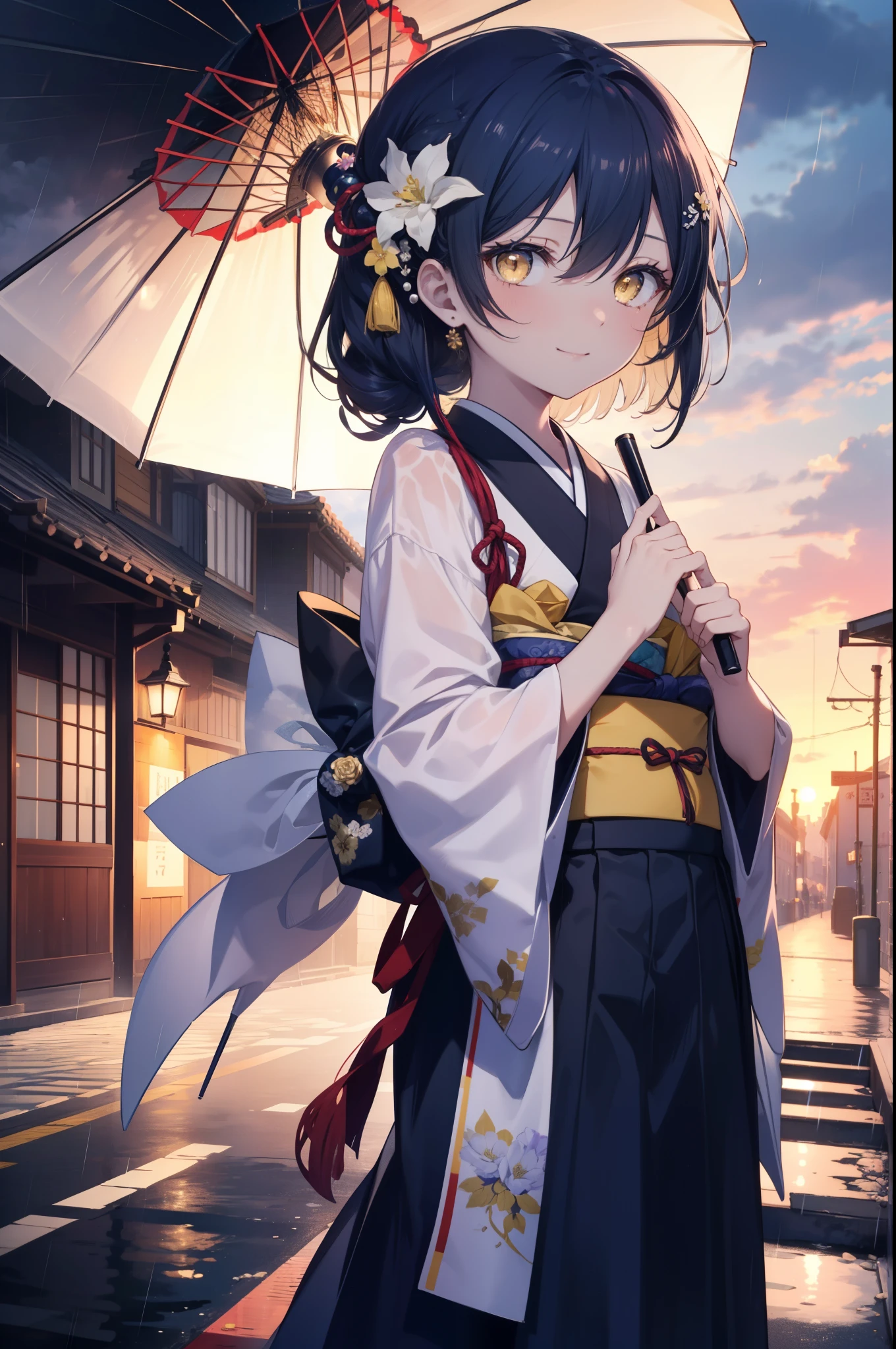 Kamisonoda, Umi Sonoda, long hair, blue hair, (yellow eyes:1.5) (flat chest:1.2),smile,flower hair ornament,Blue floral pattern gorgeous Japanese clothes,long skirt,white foot bag,Zori sandals,tying hair,He is holding a Japanese-style umbrella with both hands and resting it on his shoulder.,rain,cloudy sky,walking,
break looking at viewer,
break outdoors, In town,building street,
break (masterpiece:1.2), highest quality, High resolution, unity 8k wallpaper, (figure:0.8), (detailed and beautiful eyes:1.6), highly detailed face, perfect lighting, Very detailed CG, (perfect hands, perfect anatomy),