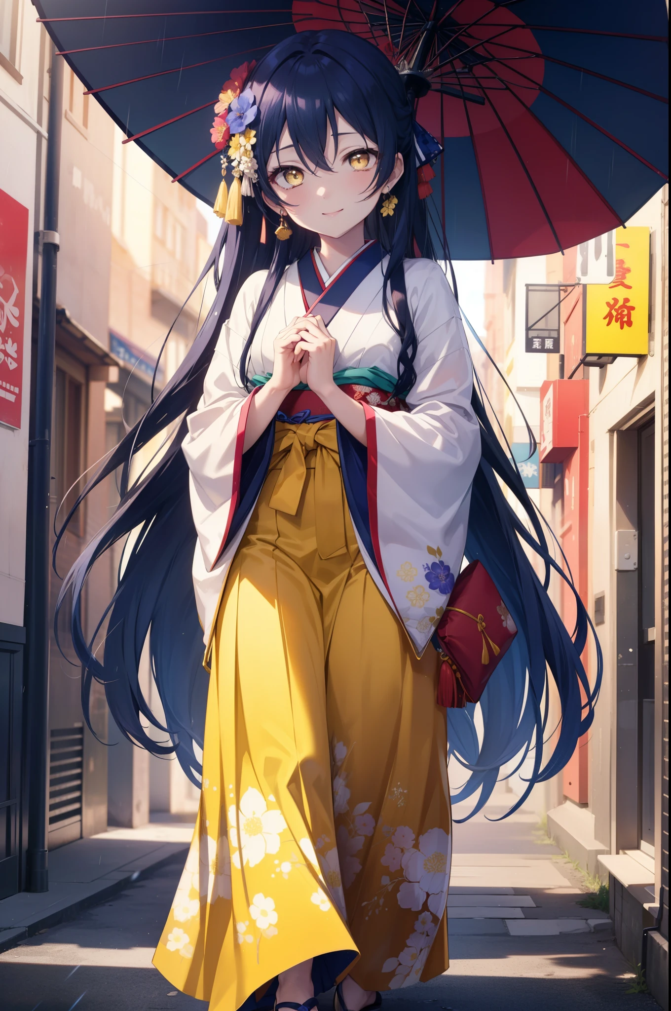 Kamisonoda, Umi Sonoda, long hair, blue hair, (yellow eyes:1.5) (flat chest:1.2),smile,flower hair ornament,Blue floral pattern gorgeous Japanese clothes,long skirt,white foot bag,Zori sandals,tying hair,He is holding a Japanese-style umbrella with both hands and resting it on his shoulder.,rain,cloudy sky,walking,
break looking at viewer,
break outdoors, In town,building street,
break (masterpiece:1.2), highest quality, High resolution, unity 8k wallpaper, (figure:0.8), (detailed and beautiful eyes:1.6), highly detailed face, perfect lighting, Very detailed CG, (perfect hands, perfect anatomy),