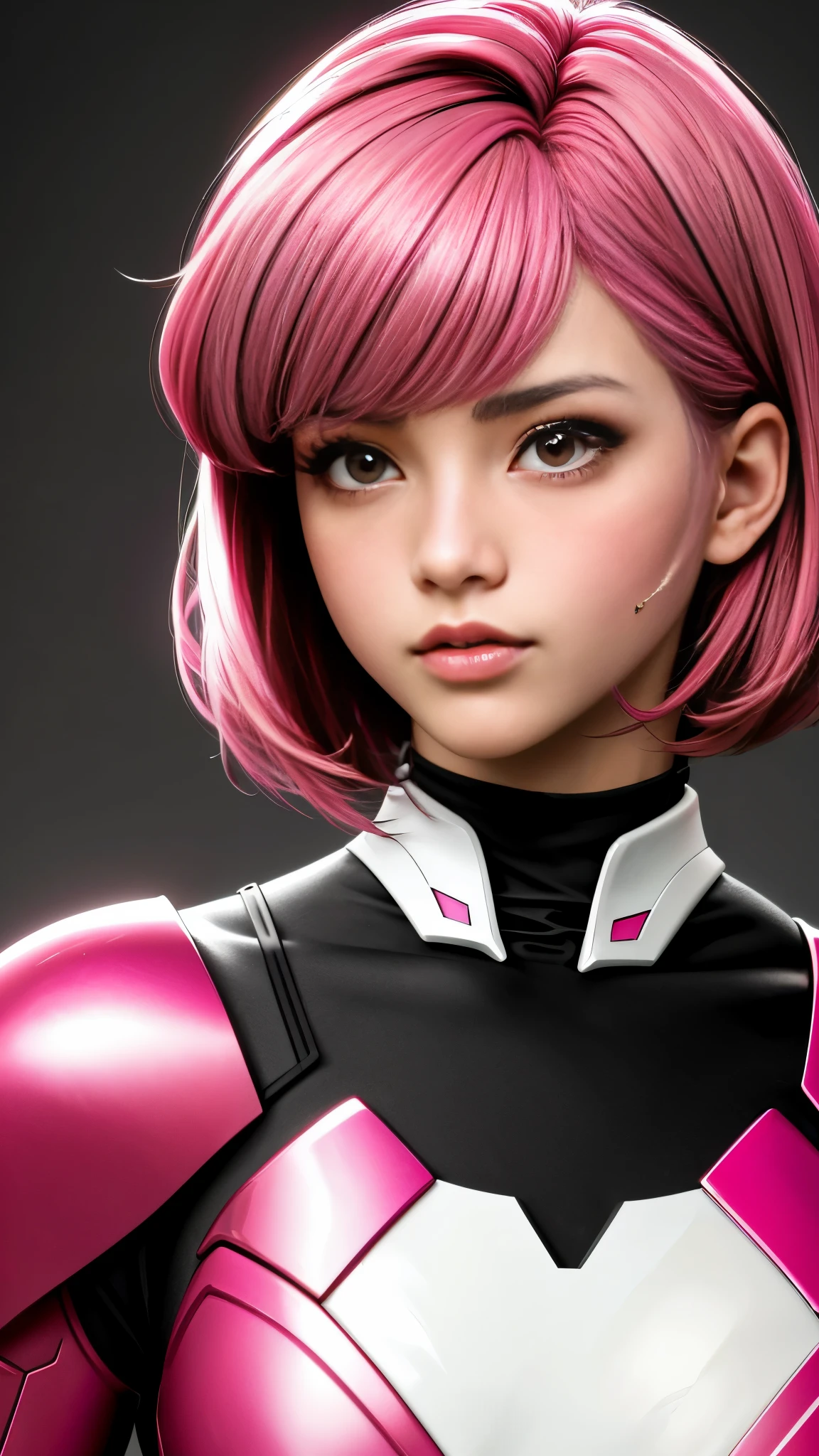 Realistic black Sozabi girl photo，Shortcut Bob Cut，I have a lot of hair，brown eyes，Hair color is bright pink，cool look，background is gray， daughter of Haman Khan and Char Aznable.