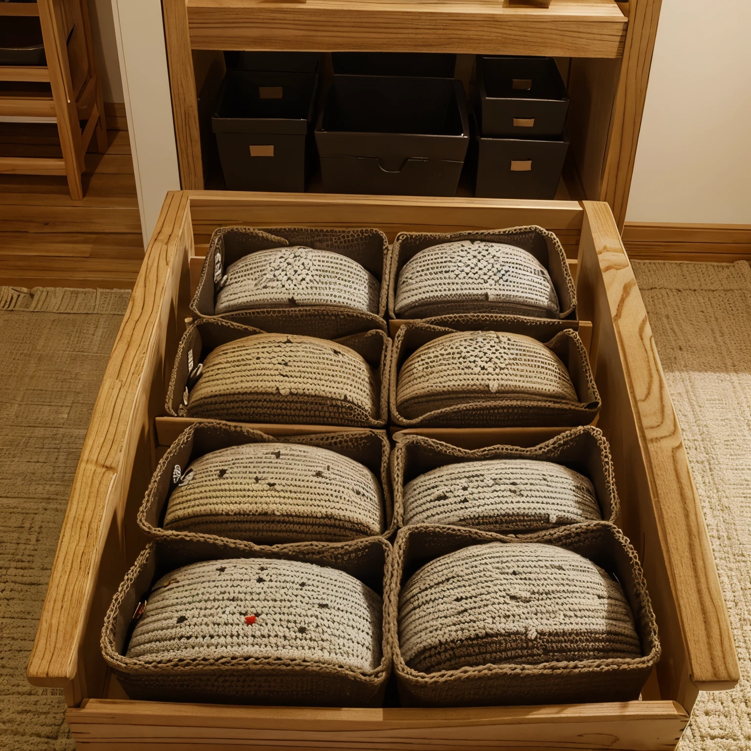 Create a picking area with a conveyor belt and 4 boxes, cada uma delas tem q ter dentro um produto diferente da outra com: BONECAS DE PANO; BOLSAS DE PANO; Ties; crochet
