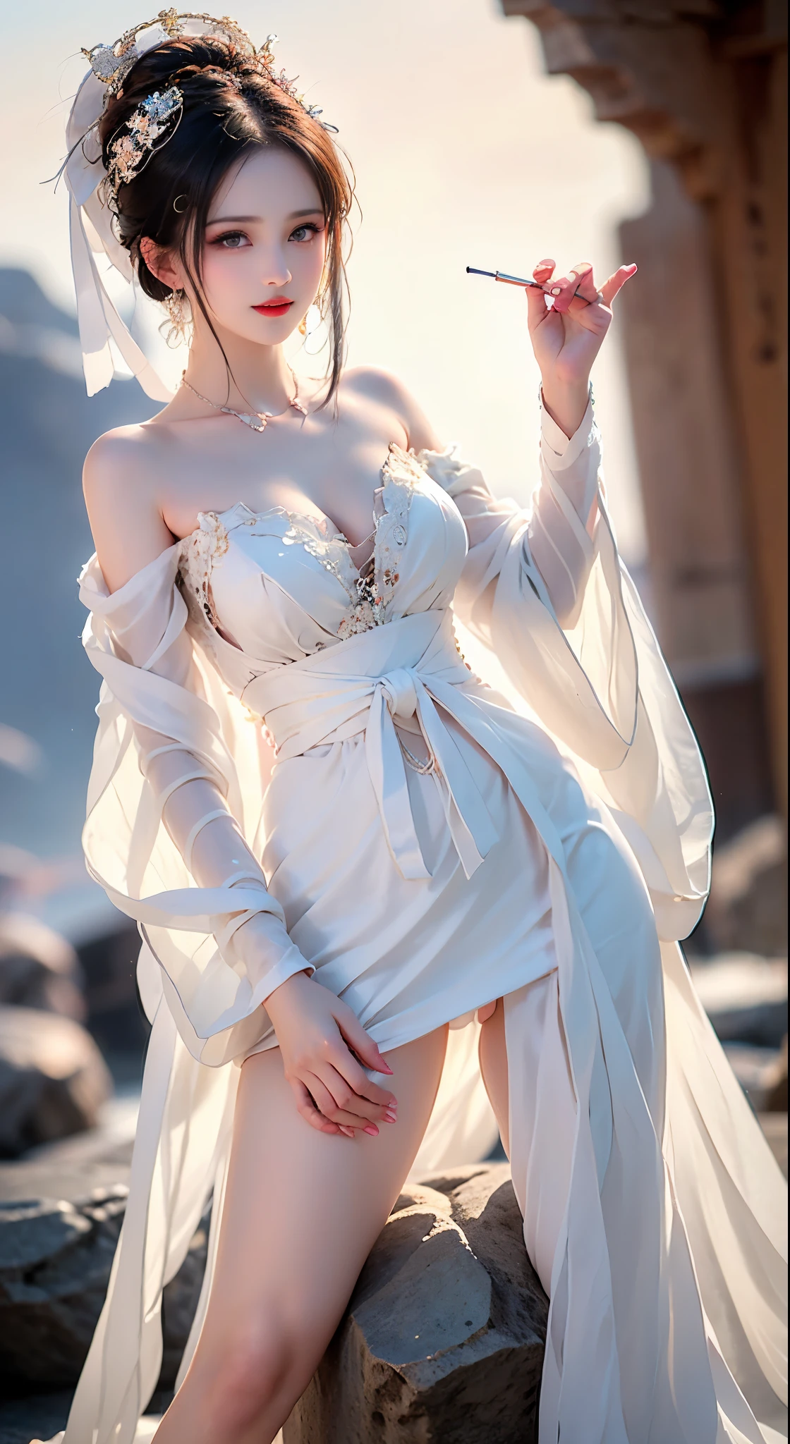 BAINV, ((bare shoulders)), ((whole body)), actual, fashion girl, red lips, mature women, cosmetics, big eyes, beautiful eyes, ((whole body)), ((from below)), (best quality, masterpiece:1.2), Super detailed, (actual:1.37), ((Sexy long legs)), beautiful, young and energetic, Charming model with (delicate eyes, Detailed lips, extremely delicate eyes), show a bright smile, Create stunning girl images, Warm colors, Extremely high color saturation, official art, Extremely detailed CG unified 8k wallpaper,(high dynamic range :1.4), (cinematic),(pastel colors, dull color, soothing tone :1.3), (natural skin texture, ultra-actual, soft light, sharp),(Very detailed), night, moonlight, ((in the mountains, plant, Leaning against the rocks))