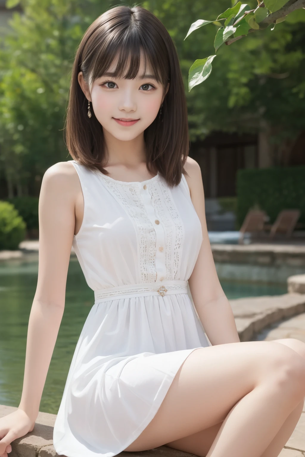 two girls, pretty girl、14 years old, smile, summer mini dress, thighs, 8k, masterpiece, high detail, high quality, High resolution, 最high quality, 16k,