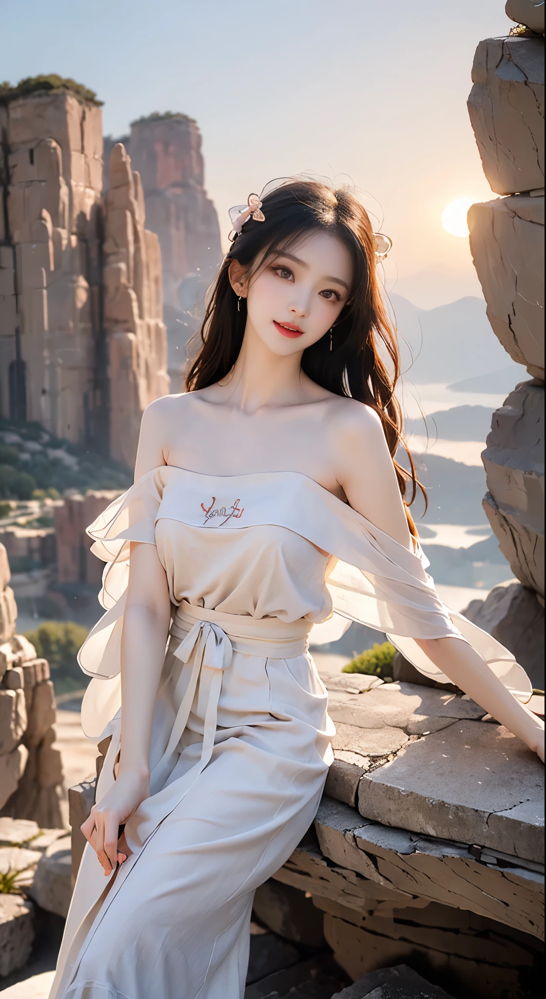 modern hanfu,collarbone, ((bare shoulders)), ((whole body)), actual, fashion girl, red lips, mature women, cosmetics, big eyes, beautiful eyes, ((whole body)), ((from below)), (best quality, masterpiece:1.2), Super detailed, (actual:1.37), ((Sexy long legs)), beautiful, young and energetic, Charming model with (delicate eyes, Detailed lips, extremely delicate eyes), show a bright smile, Create stunning girl images, Warm colors, Extremely high color saturation, official art, Extremely detailed CG unified 8k wallpaper,(high dynamic range :1.4), (cinematic),(pastel colors, dull color, soothing tone :1.3), (natural skin texture, ultra-actual, soft light, sharp),(Very detailed), night, moonlight, ((in the mountains, plant, Leaning against the rocks))