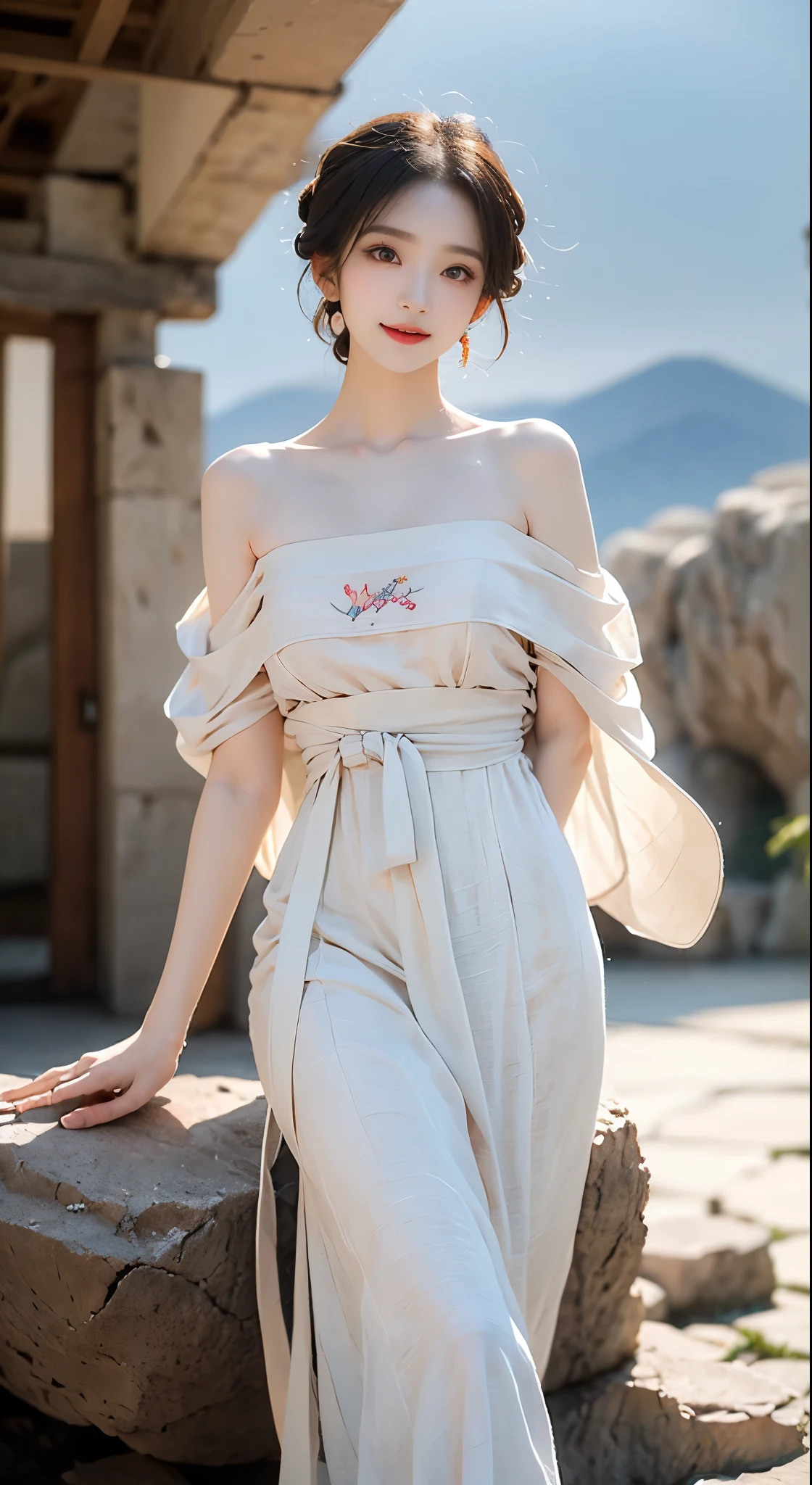 modern hanfu,collarbone, ((bare shoulders)), ((whole body)), actual, fashion girl, red lips, mature women, cosmetics, big eyes, beautiful eyes, ((whole body)), ((from below)), (best quality, masterpiece:1.2), Super detailed, (actual:1.37), ((Sexy long legs)), beautiful, young and energetic, Charming model with (delicate eyes, Detailed lips, extremely delicate eyes), show a bright smile, Create stunning girl images, Warm colors, Extremely high color saturation, official art, Extremely detailed CG unified 8k wallpaper,(high dynamic range :1.4), (cinematic),(pastel colors, dull color, soothing tone :1.3), (natural skin texture, ultra-actual, soft light, sharp),(Very detailed), night, moonlight, ((in the mountains, plant, Leaning against the rocks))