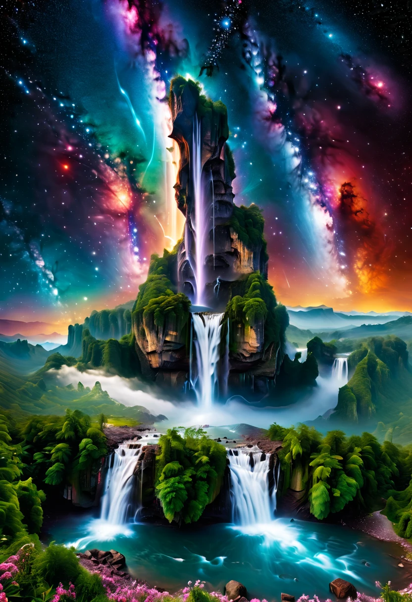 ((Aerial View))，A supremely beautiful Creation Pillar topped with the Milky Way pouring down like a waterfall, set in a cosmic landscape. This magnificent scene combines elements of fantasy and space, showing the pillar standing tall against a backdrop of stars, nebulae, and celestial bodies. The Milky Way's cascading flow is illuminated with vibrant colors, creating a stunning visual effect that resembles a cosmic waterfall. The scene is ethereal and awe-inspiring, highlighting the beauty and majesty of the universe.
