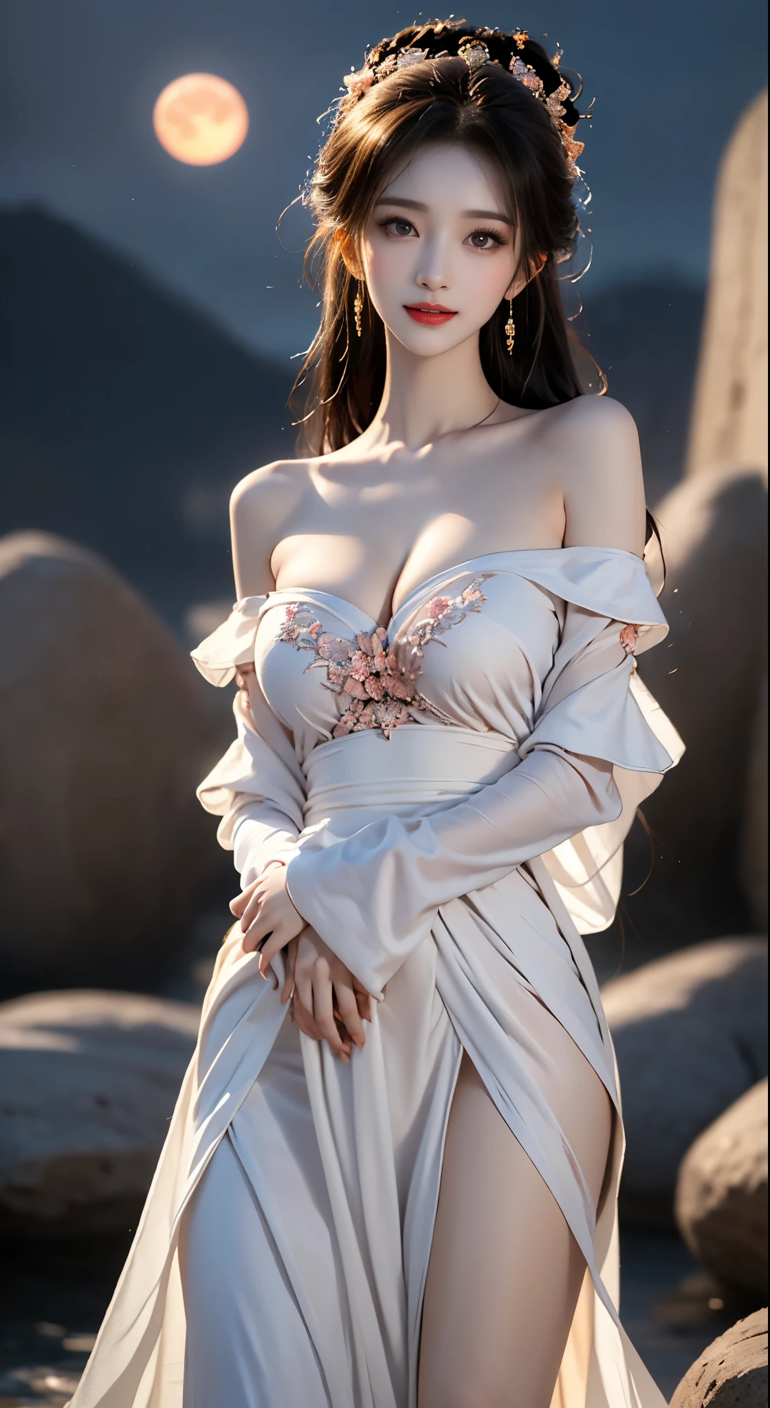 gufeng,bare shoulders,, ((bare shoulders)), ((whole body)), actual, fashion girl, red lips, mature women, cosmetics, big eyes, beautiful eyes, ((whole body)), ((from below)), (best quality, masterpiece:1.2), Super detailed, (actual:1.37), ((Sexy long legs)), beautiful, young and energetic, Charming model with (delicate eyes, Detailed lips, extremely delicate eyes), show a bright smile, Create stunning girl images, Warm colors, Extremely high color saturation, official art, Extremely detailed CG unified 8k wallpaper,(high dynamic range :1.4), (cinematic),(pastel colors, dull color, soothing tone :1.3), (natural skin texture, ultra-actual, soft light, sharp),(Very detailed), night, moonlight, ((in the mountains, plant, Leaning against the rocks))