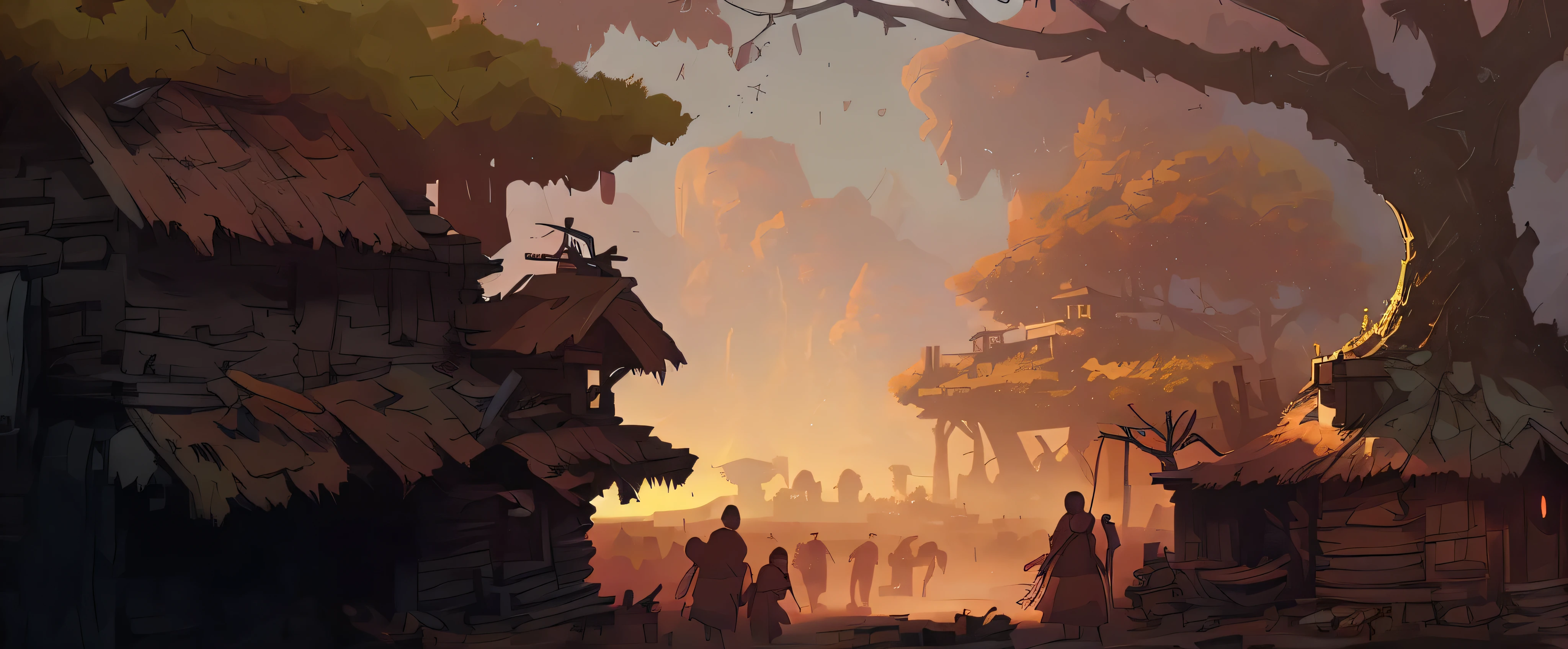 tribe，rural civilization，tribe建筑，hut，tree structure house，There is human civilization，rich and colorful，game concept art，scene concept art，game scene，virtual engine rendering，ambient light，depth of field，warm color，official art