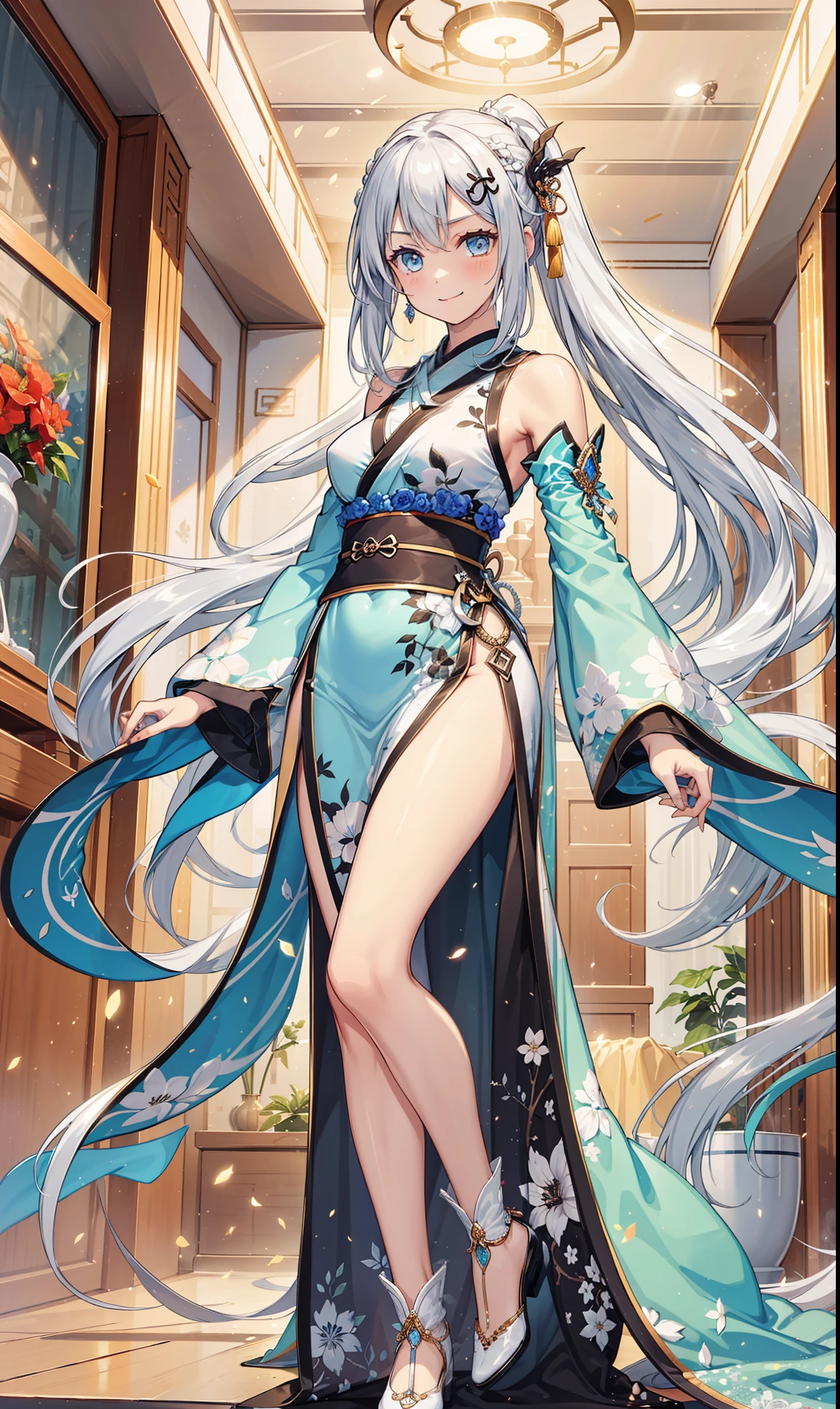 Elegant and charming,Smile,in love,(Transparent colorful Hanfu,Exquisite and gorgeous design),black gloves,silver hair,blue eyes,see through transparent clothes,Exquisite hair accessories,Transparent lace,Engraving pattern,dress nicely,In the background is an old Chinese palace,Inside the hall,elegant posture,night,sculpted boots,Super super details,magic,light particles,Exquisite and beautiful face and eyes