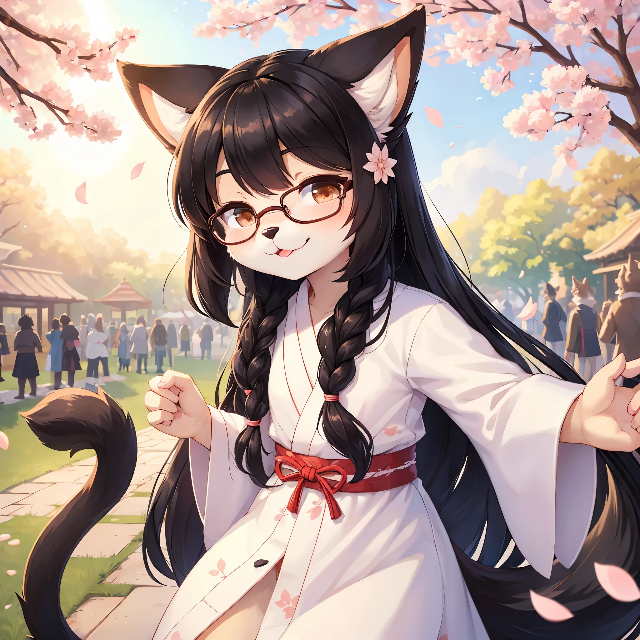 (fluffy anthro furry :1.6),(young :1.6),cat girl,small breasts,black long hair,black cat ears,black cat tail,beige fur,sakura park,sun bean,white sun light,sakura petals in the air,white kimono with flora print,glasses,flora hairpin,looking at viewerfull face blush,happy face,smile,squinting eyes,among the crowd,upper body only