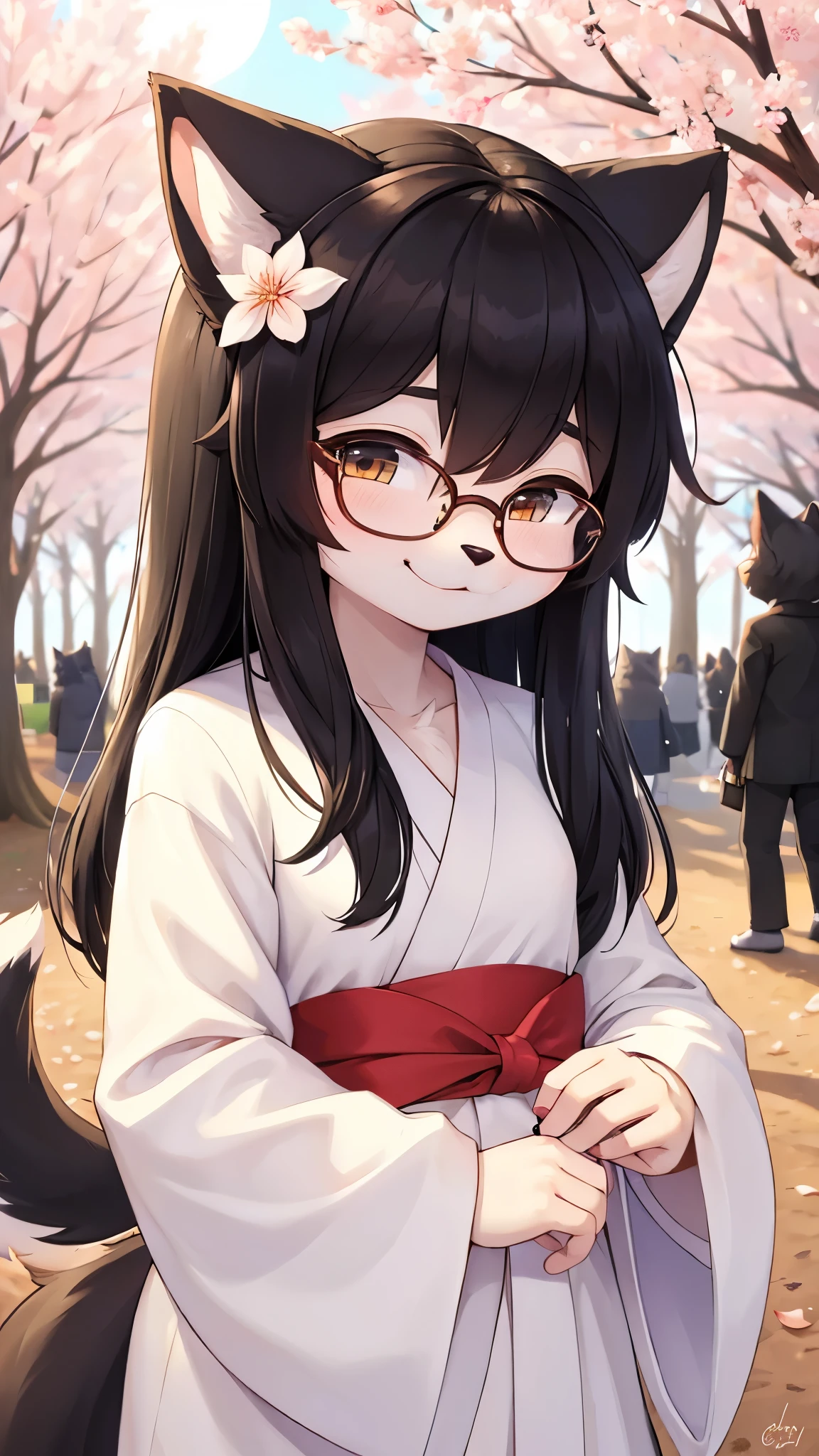 (fluffy anthro furry :1.6),(young :1.6),cat girl,small breasts,black long hair,black cat ears,black cat tail,beige fur,sakura park,sun bean,white sun light,sakura petals in the air,white kimono with flora print,glasses,flora hairpin,looking at viewerfull face blush,happy face,smile,squinting eyes,among the crowd,upper body only,holding a black kitten