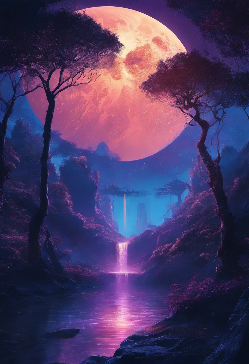    Fantasy landscape waterfall close-up close-up full moon night tone dark blue glowing light and shadow art mysterious atmosphere mysterious art magic glowing forest, lakeside, waterfall bokeh, Fog with multiple realistic intricate details, masterpiece,  lifelike, Best quality photo quality.Ultra high definition movie master art fantasy work
