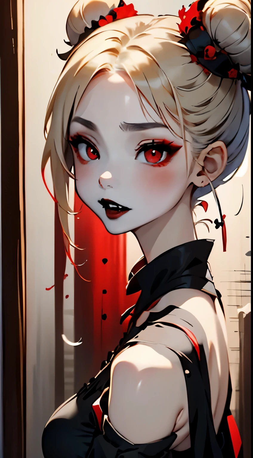one girl、unparalleled beauty、cute face、red face、fine eyes、(((vampire、deep red eyes、black lips、No expression)))、dark fantasy、Drifting eroticism、bun hair、blonde、classy dress、small breasts、ancient capital、dark drawing room、luxurious ornaments、dark lighting、dark lighting、masterpiece、highest quality、super resolution、best image quality、Super detailed、