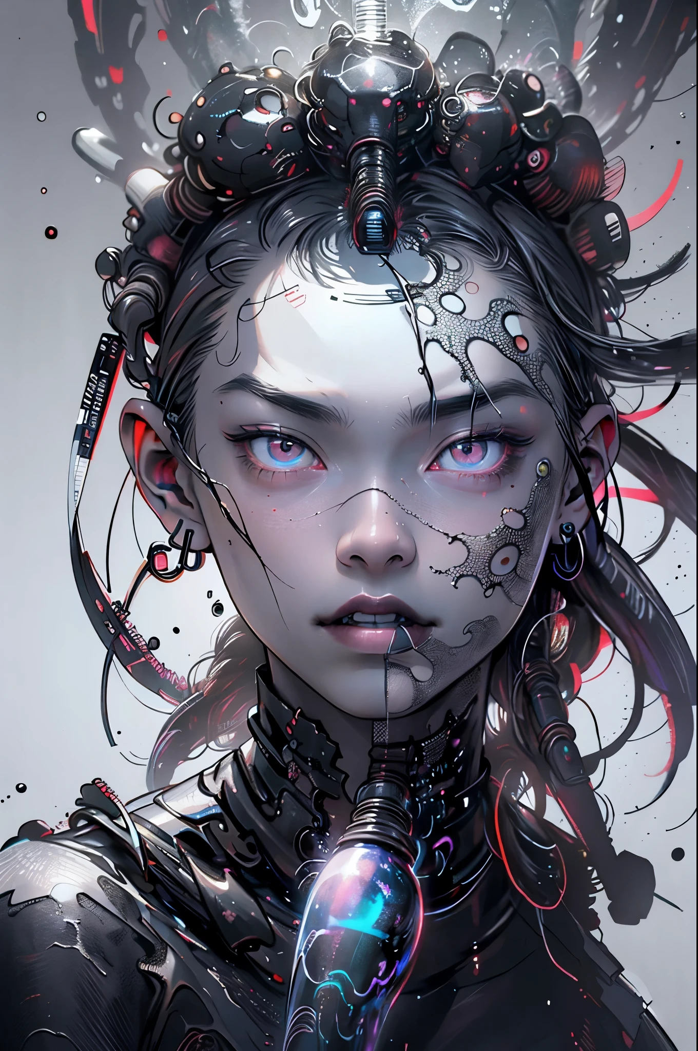 korean man new series, (8k, RAW photo, highest quality), hyperrealistic abstract style portrait of an otherworldly being with metallic skin, glowing orbs for eyes, and intricate fractal patterns emanating from their face, non-representational, colors and shapes, expression of feelings, imaginative, highly detailed