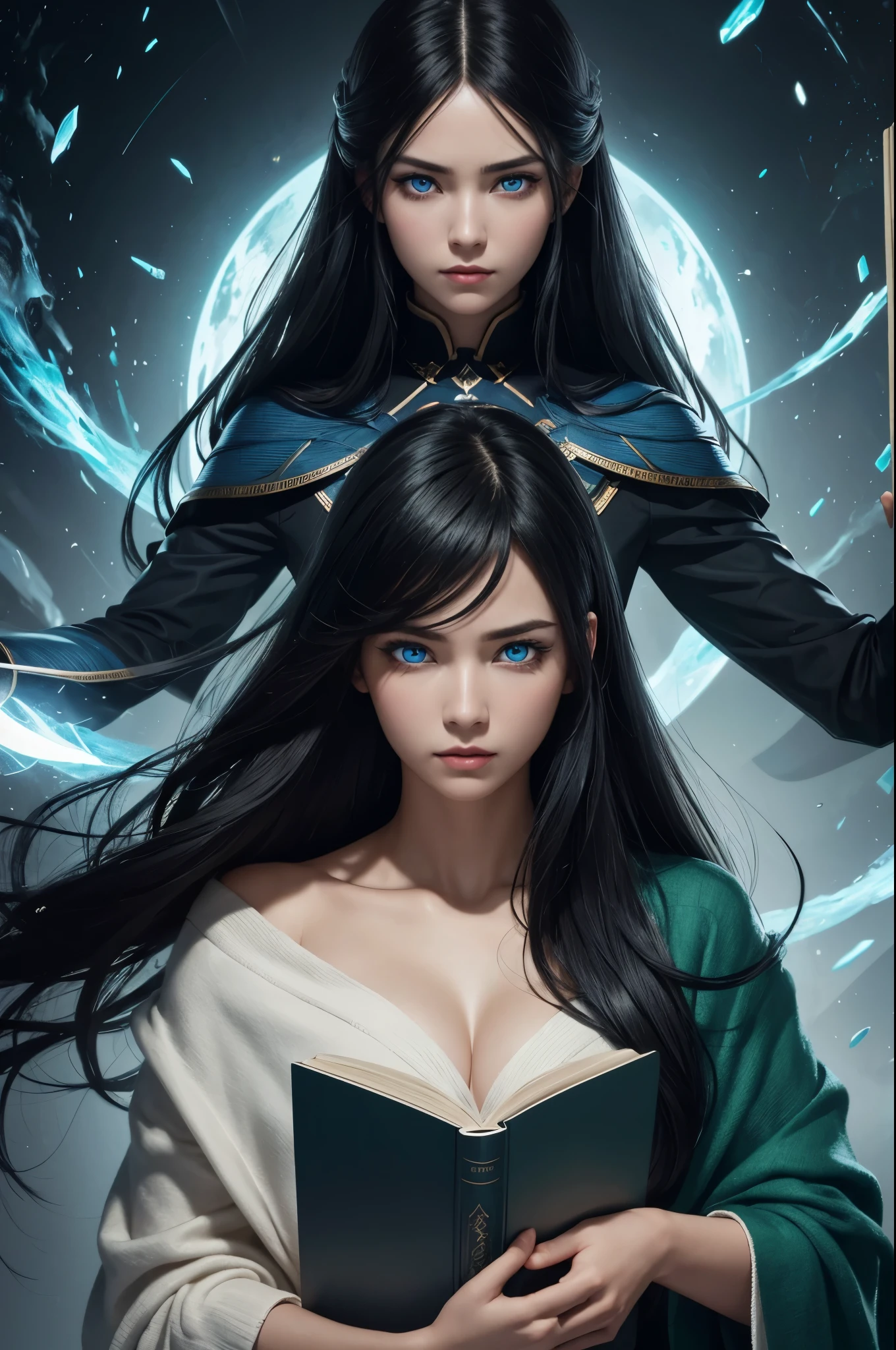 Hyperrealistic female portrait, black hair (black hair) Smooth, Rosto detailed com cicatriz no lado esquerdo (surprised expression), 有着大大的blue eyes (blue eyes), The huge book behind you has been opened, Wearing sophisticated modern clothes, Open book as background, Getting involved in green energy (green magic), depth field, ultra high definition, rpg character, better quality, ultra high definition, better quality, detailed
