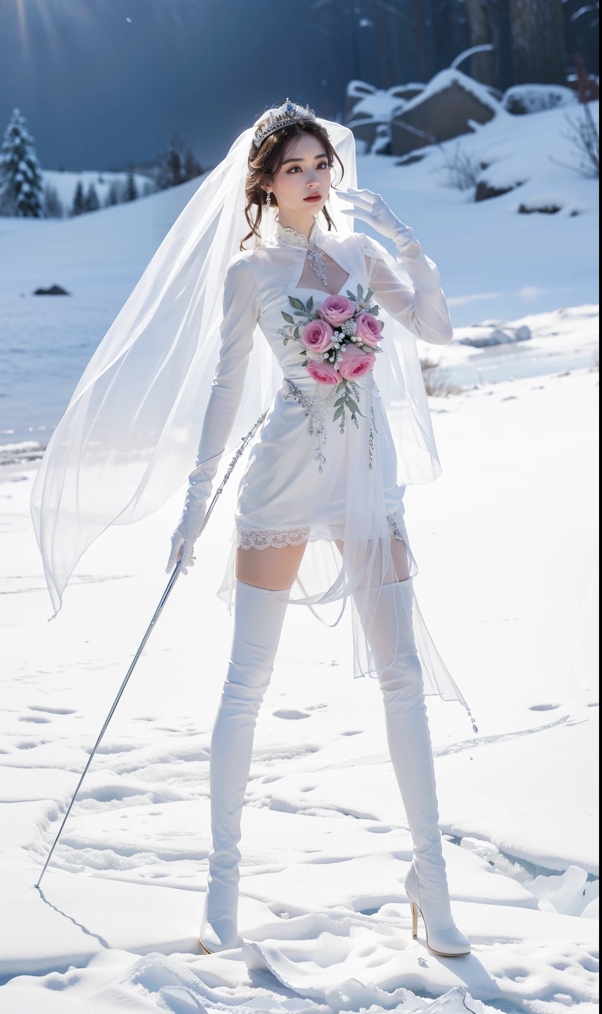 Royal sister,exquisite eyes,Detailed facial expressions body,tall figure,Leg length,4k,HD,translucent lace,Fair and plump figure,pretty face,Little cherry mouth,beautiful and delicious(3D royal sister),exquisite dress,Wear crystal jewelry,Gorgeous crystal gems,Gem and jewelry crown,The colors of the picture are very bright,Gorgeous ice and snow princess, white high heel boots,wear gloves