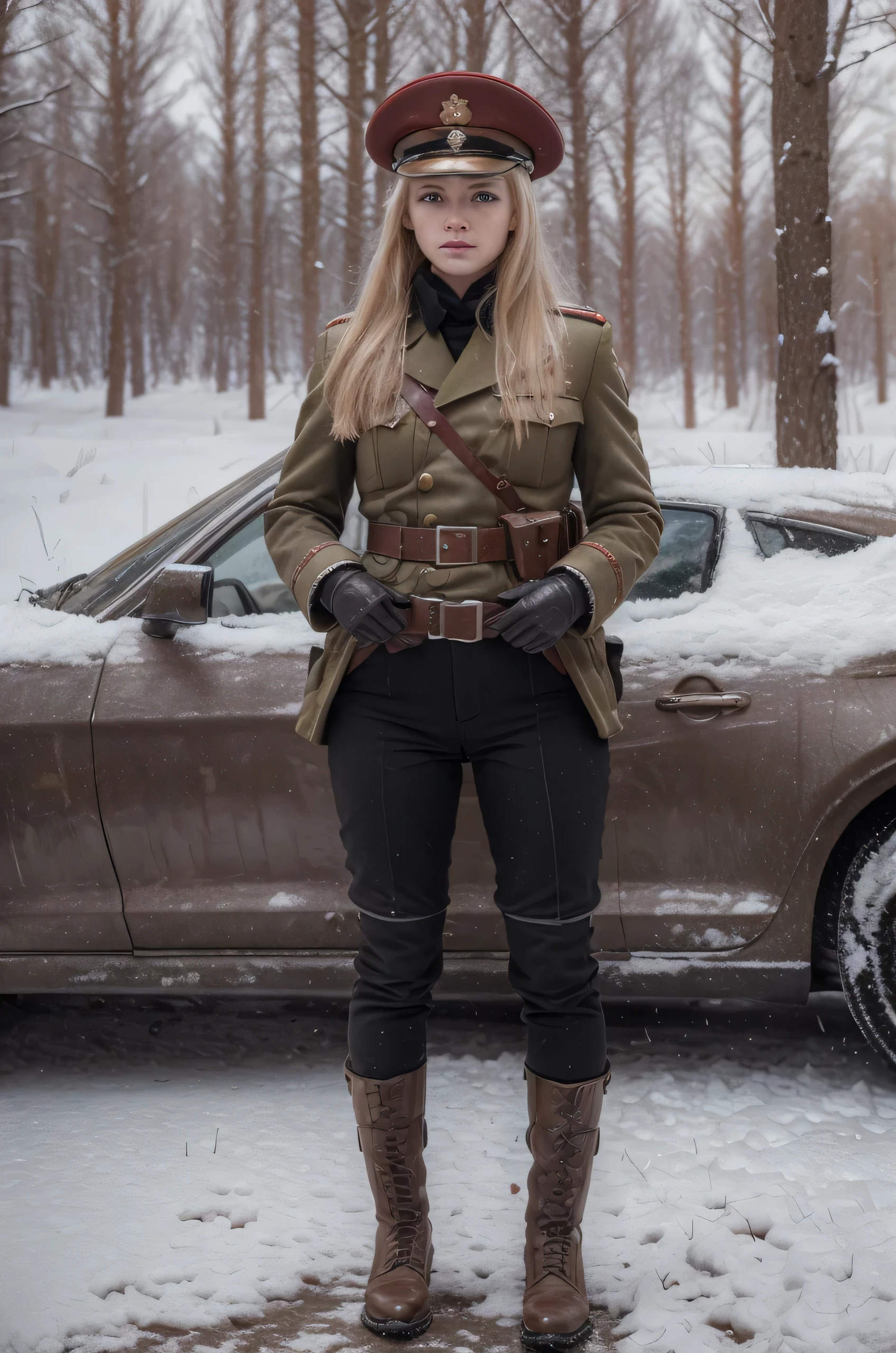 Beautiful young Soviet soldier woman, Latvian face, military hairstyle blonde hair, military hat, gloved hands, dark red uniform with black details, wears a pistol, belt with ammunition and transmitter, military boots, stands in a Polish forest, snowy day, red sky, 4k, Ultra detailed image, realistic, Highly detailed, perfect composition, splendid, Intricately detailed, incredibly detailed, Art photography 8K, hyper detailed, Masterpiece, Ultra detailed, hyper realistic, 4k, Ultra detailed image, realistic, Highly detailed , perfect composition, splendid, Intricately detailed, incredibly detailed, 8k fine art photography, hyper detailed, Masterpiece