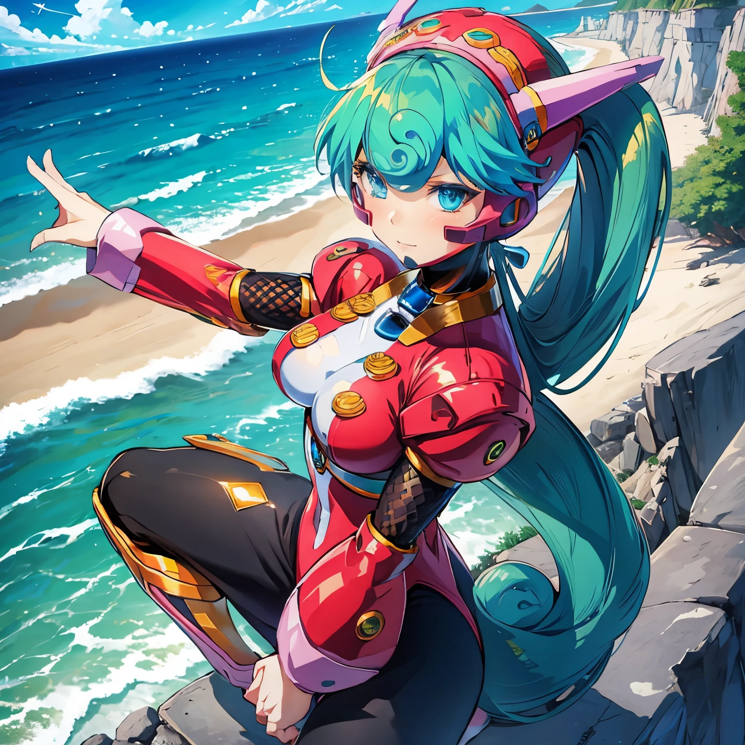 marino_megamanx, 1girl, green hair, blue eyes, ponytail, detailed face, breasts, masterpiece, high quality, overlooking the ocean on the edge of a rock, in the style of avian-themed, realistic yet stylized, villagecore, azure, orange and azure, dragoncore, aerial view