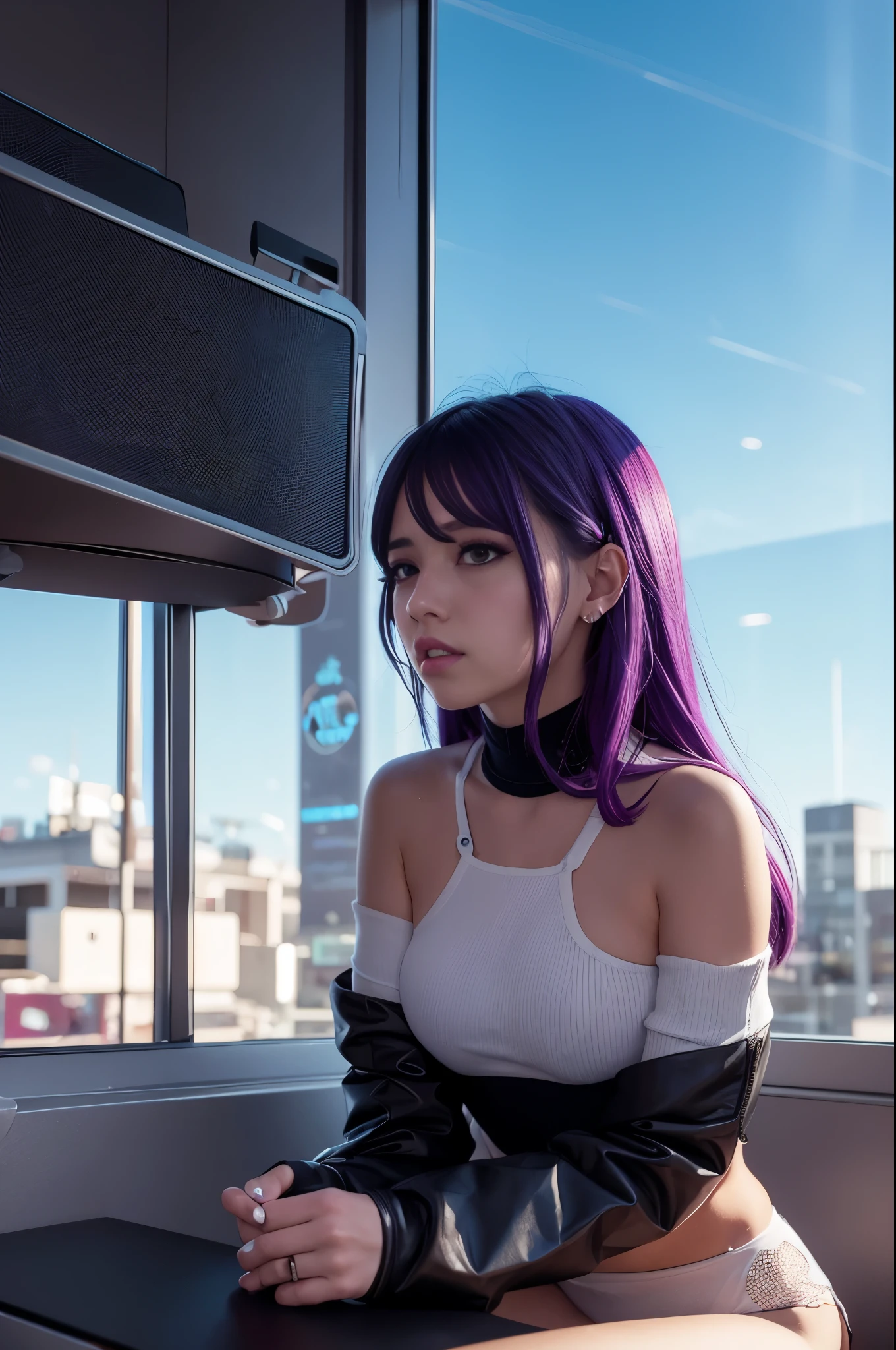 a close up of a person with purple hair sitting on a window sill, cyberpunk anime girl, female cyberpunk anime girl, dreamy cyberpunk girl, artwork in the style of guweiz, cyberpunk vibe, digital cyberpunk anime art, anime cyberpunk art, 8k high quality detailed art, cyberpunk anime art, anime vibes, cyberpunk style outfit, cyberpunk art style, wearing cyberpunk streetwear