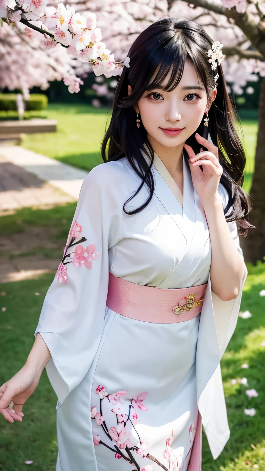 (logo、masterpiece、8k、table top、RAW photo、wonderful、最high quality、Photorealistic and hvery detailed CG integrated 8k wallpaper、high quality、very detailed、Narrative poem、particle effects、dynamic effects、written boundary depth、cinematic light、Lens flare、ray tracing)、fantasy、 (1 beautiful woman、white kimono、Japan Dress、white cherry blossom pattern、White cherry blossom embroidery pattern、black haired、beautiful face、real face、beautiful details eyes beautiful skin)、Hair flutters in Wind、hair bounces、pink cherry tree、petals dance、SakuraFubuki、wonderful景色、sunrise、sun on background、Wind、god々、teeth、god話、vast land、