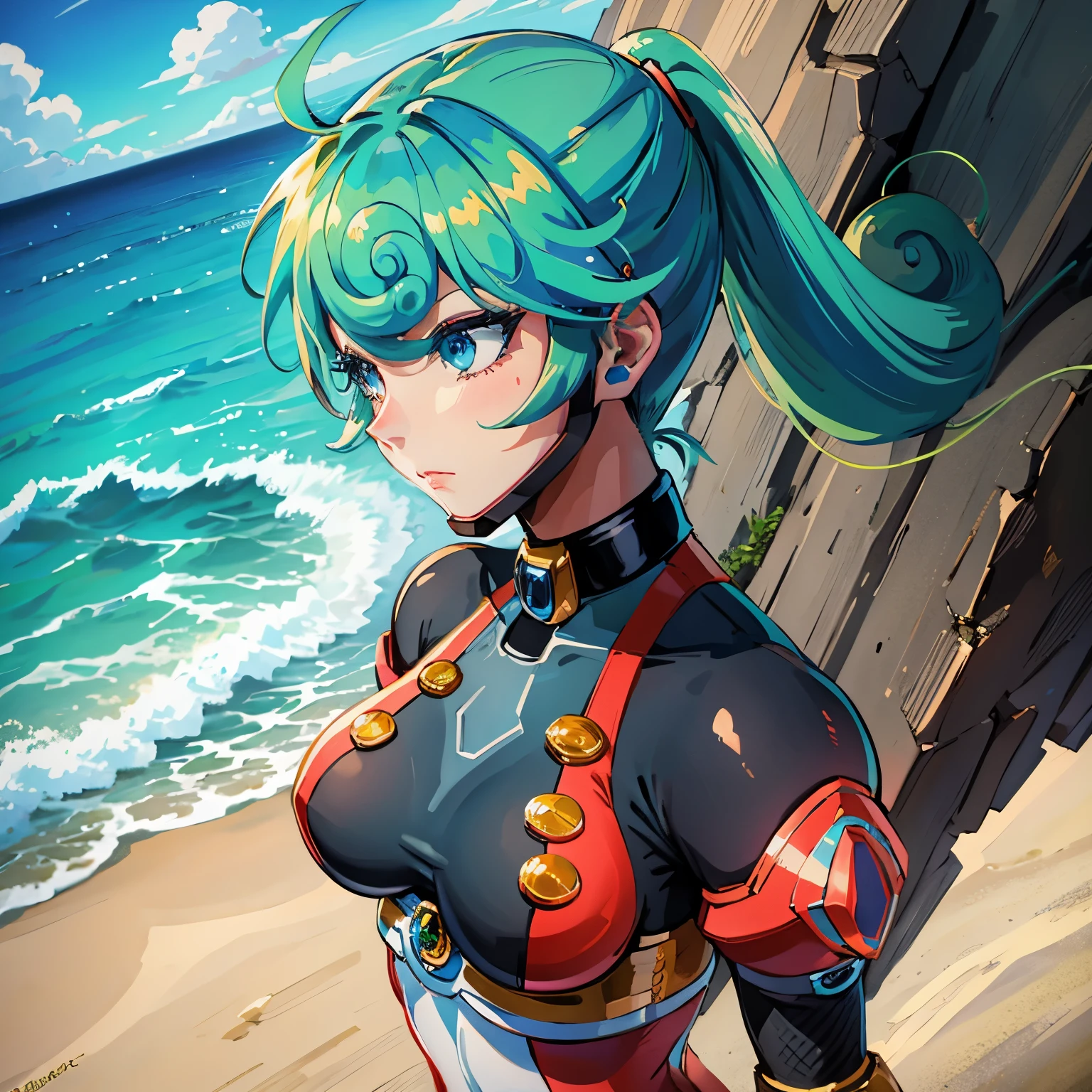 marino_megamanx, 1girl, green hair, blue eyes, ponytail, detailed face, breasts, masterpiece, high quality, overlooking the ocean on the edge of a rock, in the style of avian-themed, realistic yet stylized, villagecore, azure, orange and azure, dragoncore, aerial view