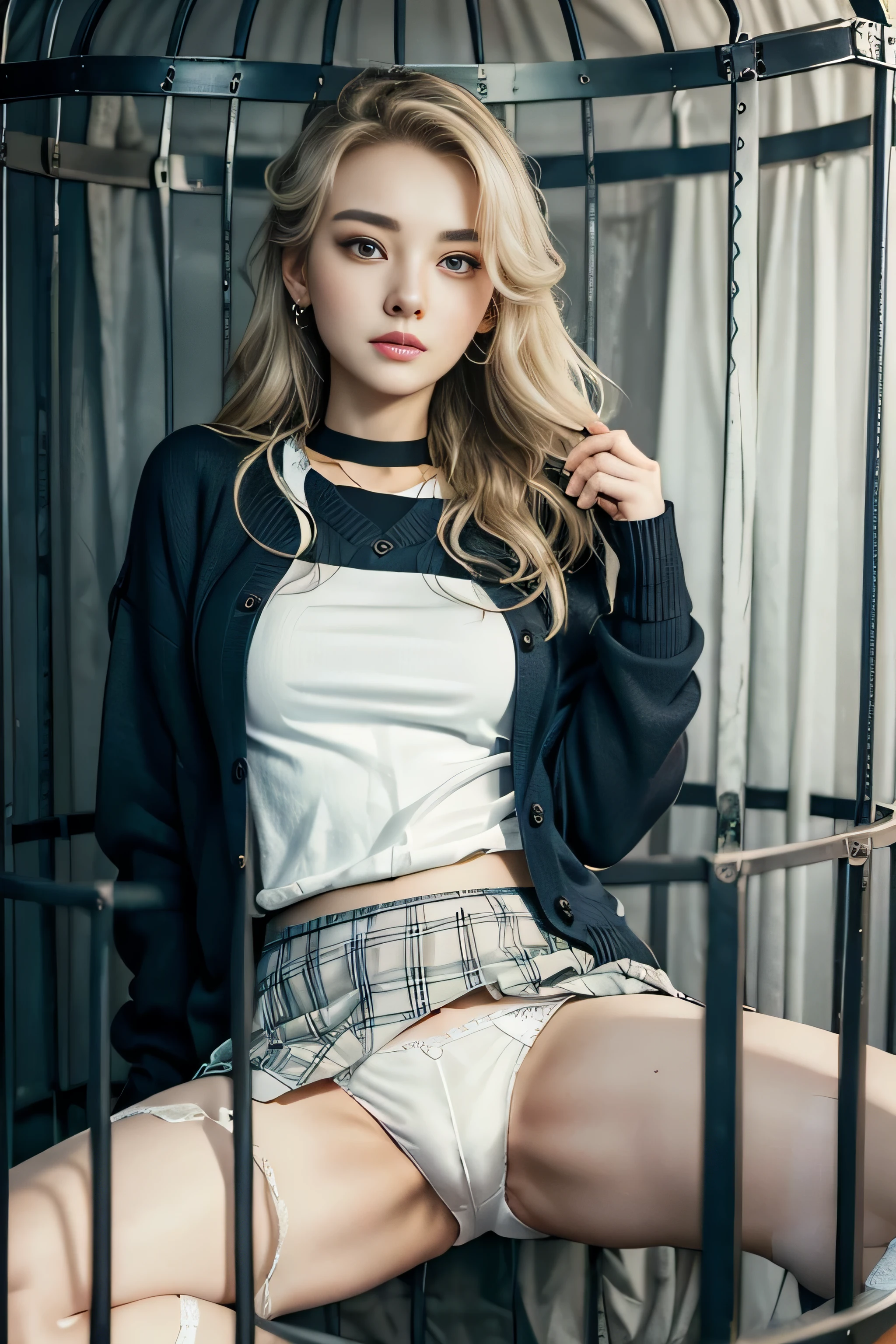mini person、(in_cage)、highest quality、16K high resolution、Super detailed、masterpiece、Live shooting、genuine、photogenuineistic、とても繊細in美しい、fine details、1 female、(super beautiful)、(beautiful face:1.5)、(european:1.5)、blonde、18 year old high school girl、(showing white panties:1.2)、(spread your legs to the side:1.2)、(high school uniform)、(plaid pleated skirt)、(Dark blue school sweater)、white shirt、wearing makeup、(At SFW)