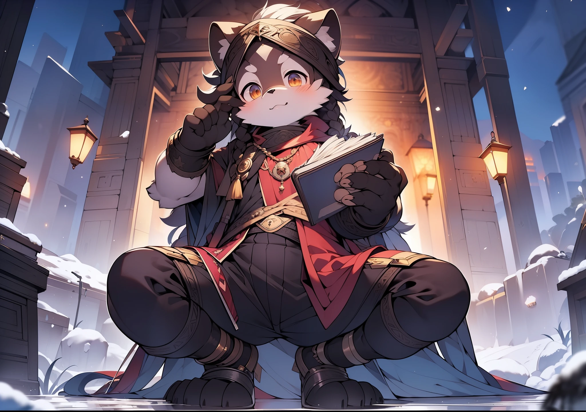 furry raccoon, male, shota, white dreadlock hair, solo, in the snow, stone path leading to a temple, fire, light, dark, night, ((very detail)), book bag, blush,