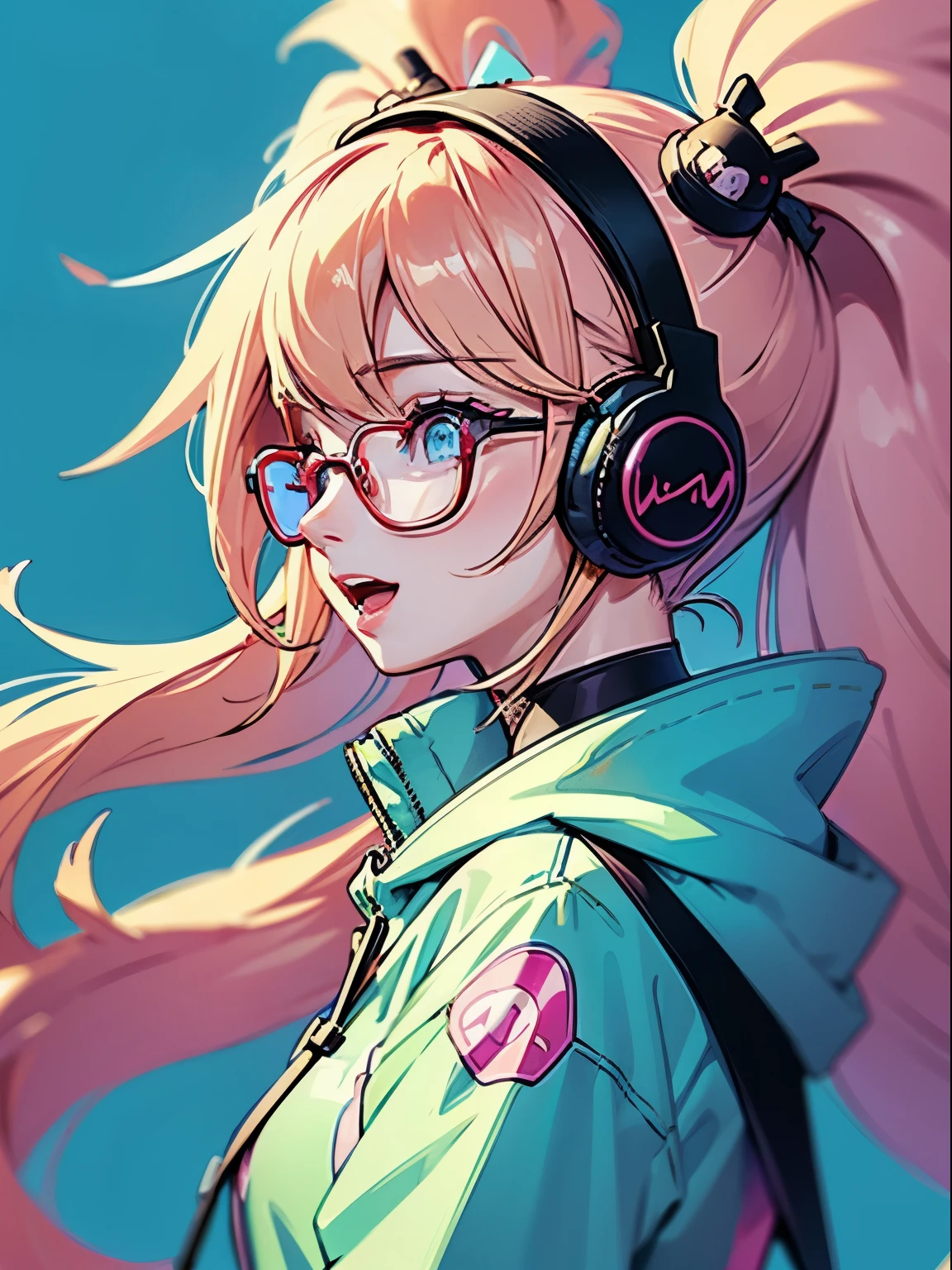 1beautiful girl、From Side、Turn your face to the side、The upper part of the body、profile、Smile with open mouth、(headphones)、Pop、Anime style、she is looking up diagonally、blue hairs、eye glasses、poneyTail、parka、simple background、Bright pink background、