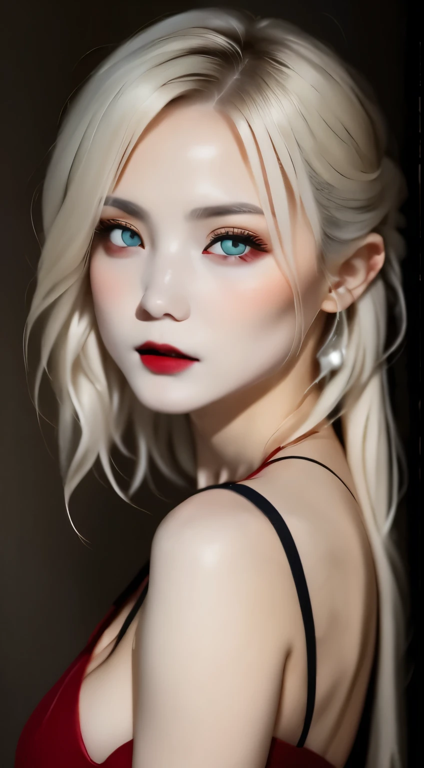 one girl、unparalleled beauty、cute face、red face、fine eyes、(((vampire、deep red eyes、black lips、No expression)))、dark fantasy、Drifting eroticism、bun hair、blonde、classy dress、small breasts、ancient capital、dark drawing room、luxurious ornaments、dark lighting、dark lighting、masterpiece、highest quality、super resolution、best image quality、Super detailed、