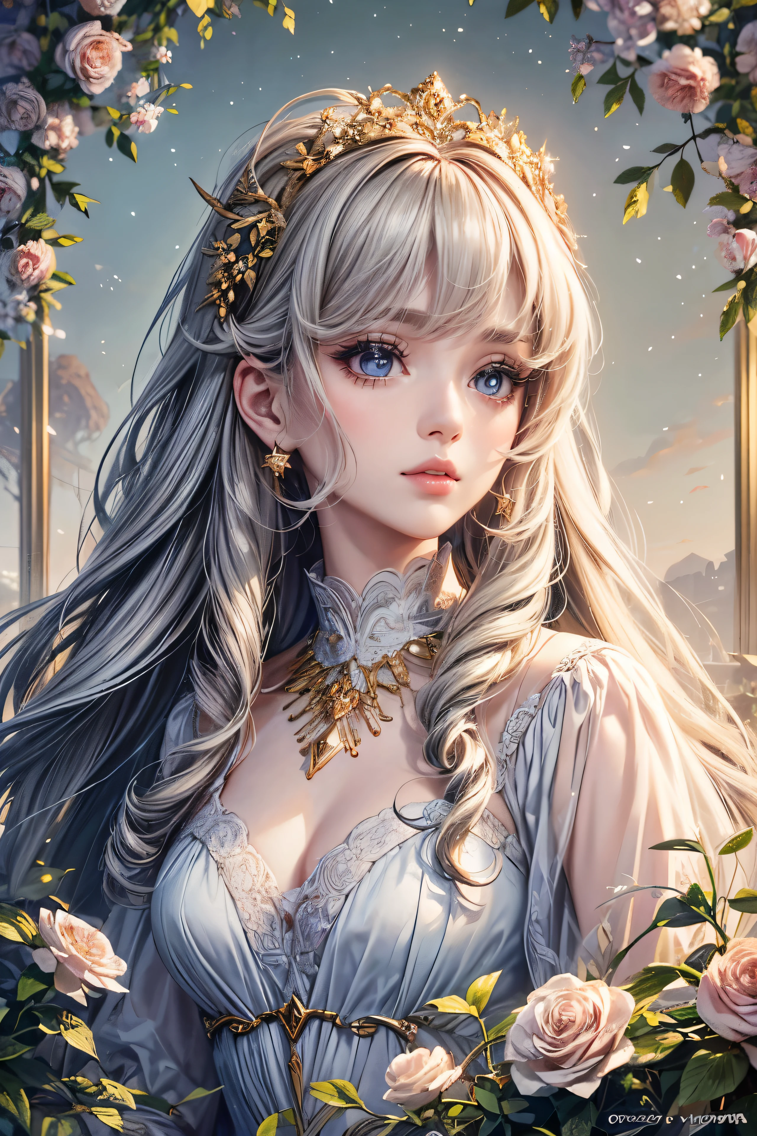(highest quality,8k,CG),Upper body details,lonely girl,flower forest background,complex facial features,elegant long curly hair,large almond shaped eyes,detailed eye makeup,long eyelashes,twinkling stars,exquisite lip detail,soft and harmonious style.